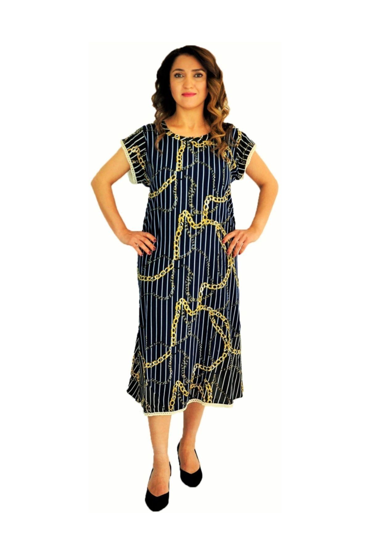 Dükkan Moda Kadın Büyük Beden Elbise Kısa Kollu Lacivert Zincir Desenli