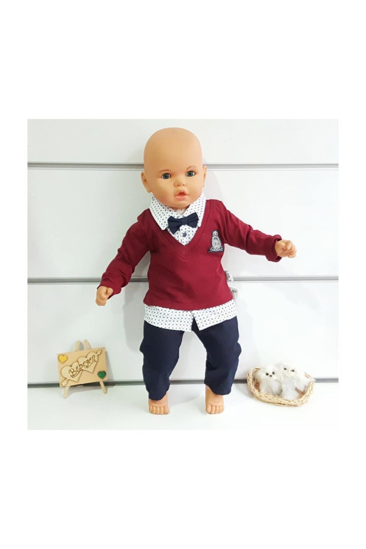 bebegen Lux Armalı Bordo Puanlı Gömlekli Pantolonlu 2 Li Papyonlu Erkek Bebek Takımı