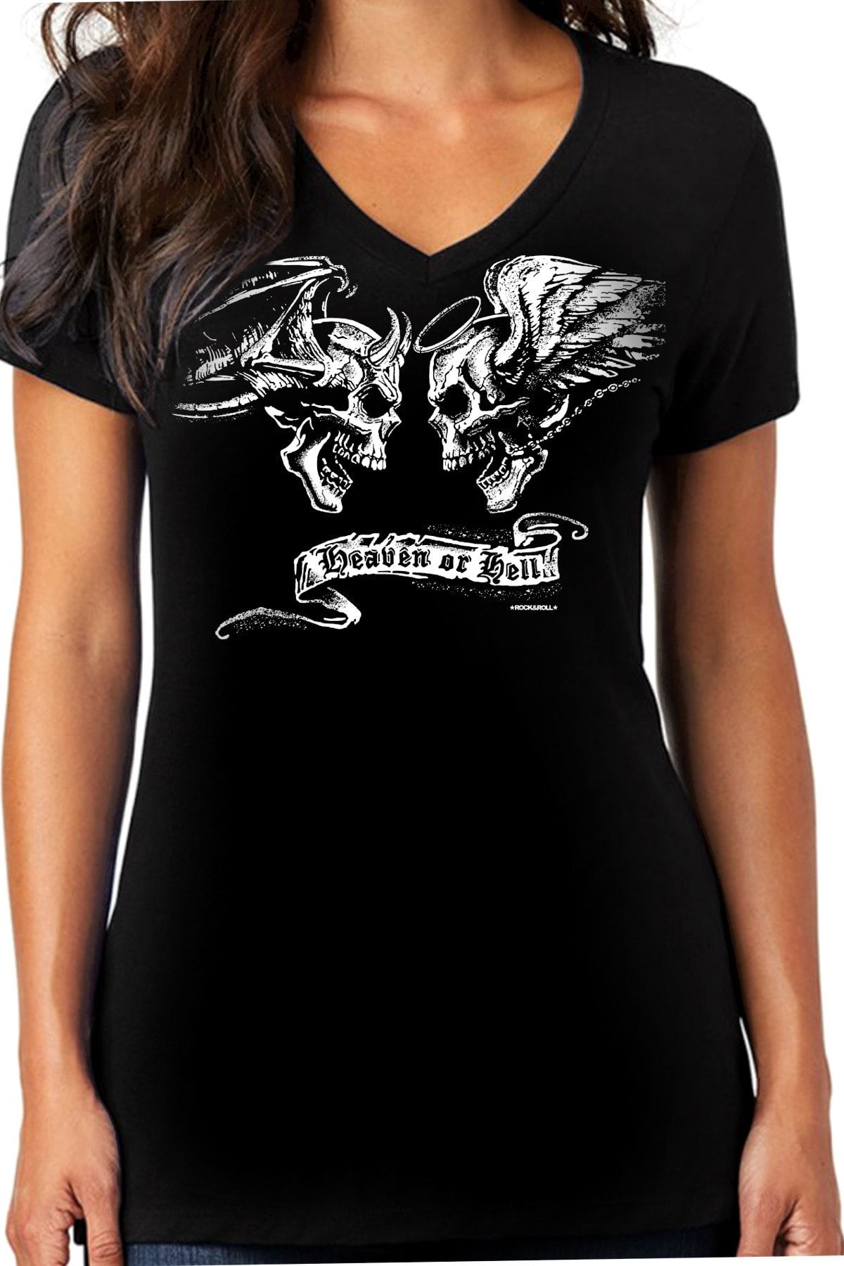 ROCKANDROLL Melek Şeytan Siyah V Yaka Kısa Kollu Kadın T-shirt