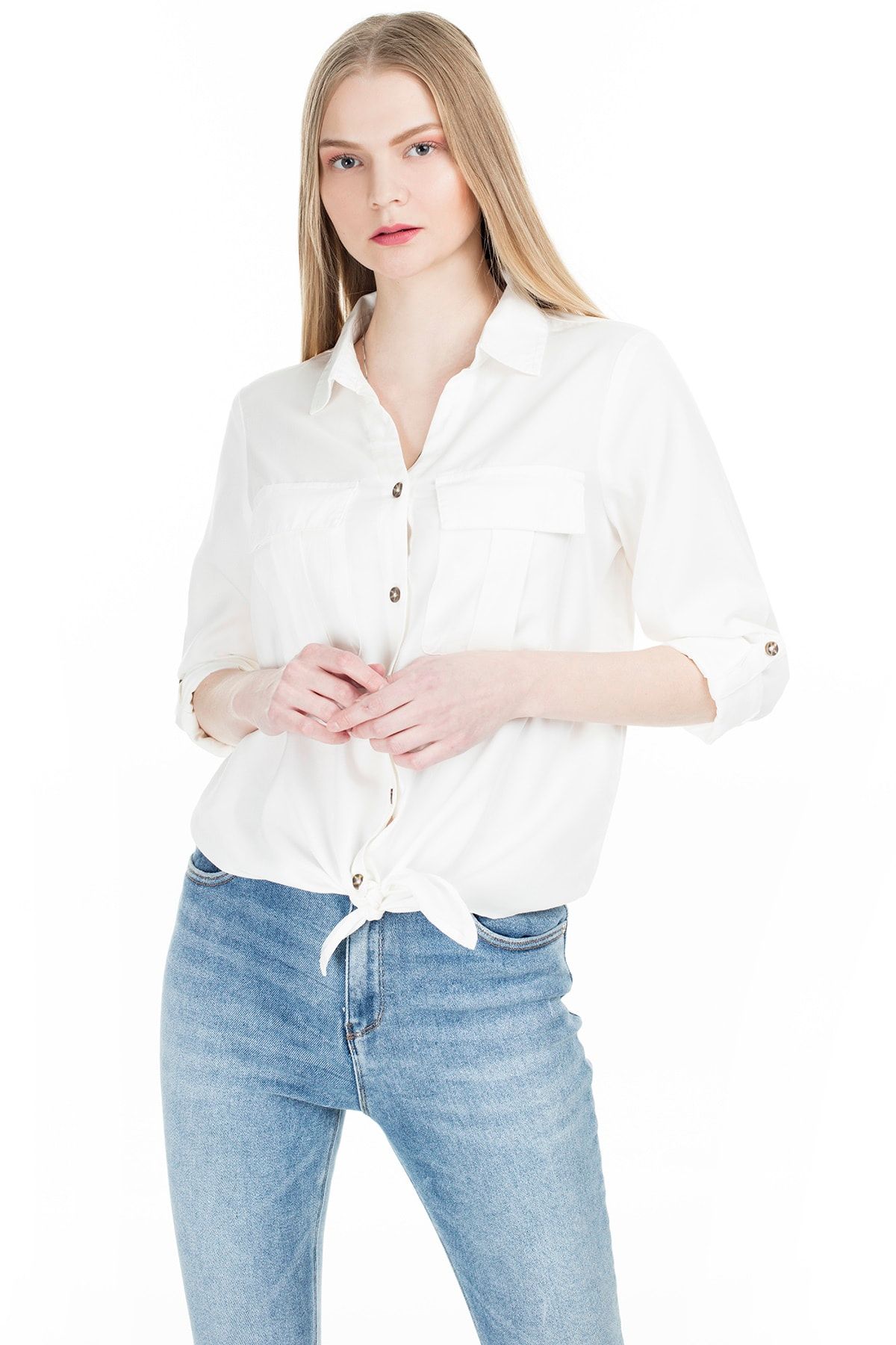 Only Kadın Beyaz Cep Detaylı Önden Bağlamalı  Gömlek 15197185 ONLKARLA