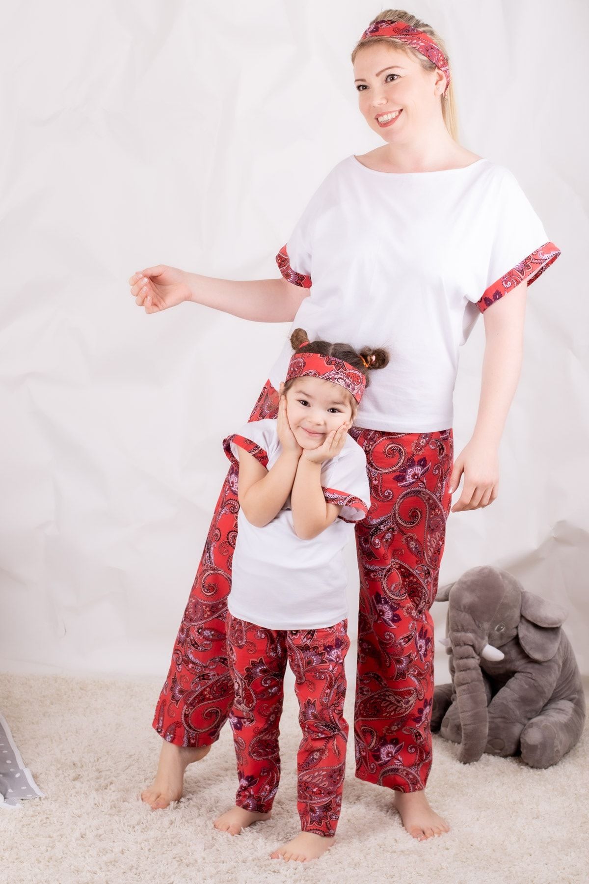 armonika Kadın Kırmızı Şal Desenli Anne-Kız Model Pijama Takımı ARM-20Y001009