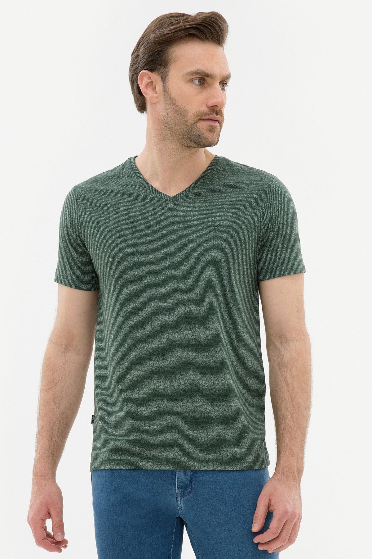 Pierre Cardin Erkek Koyu Yeşil Slim Fit V Yaka T-Shirt
