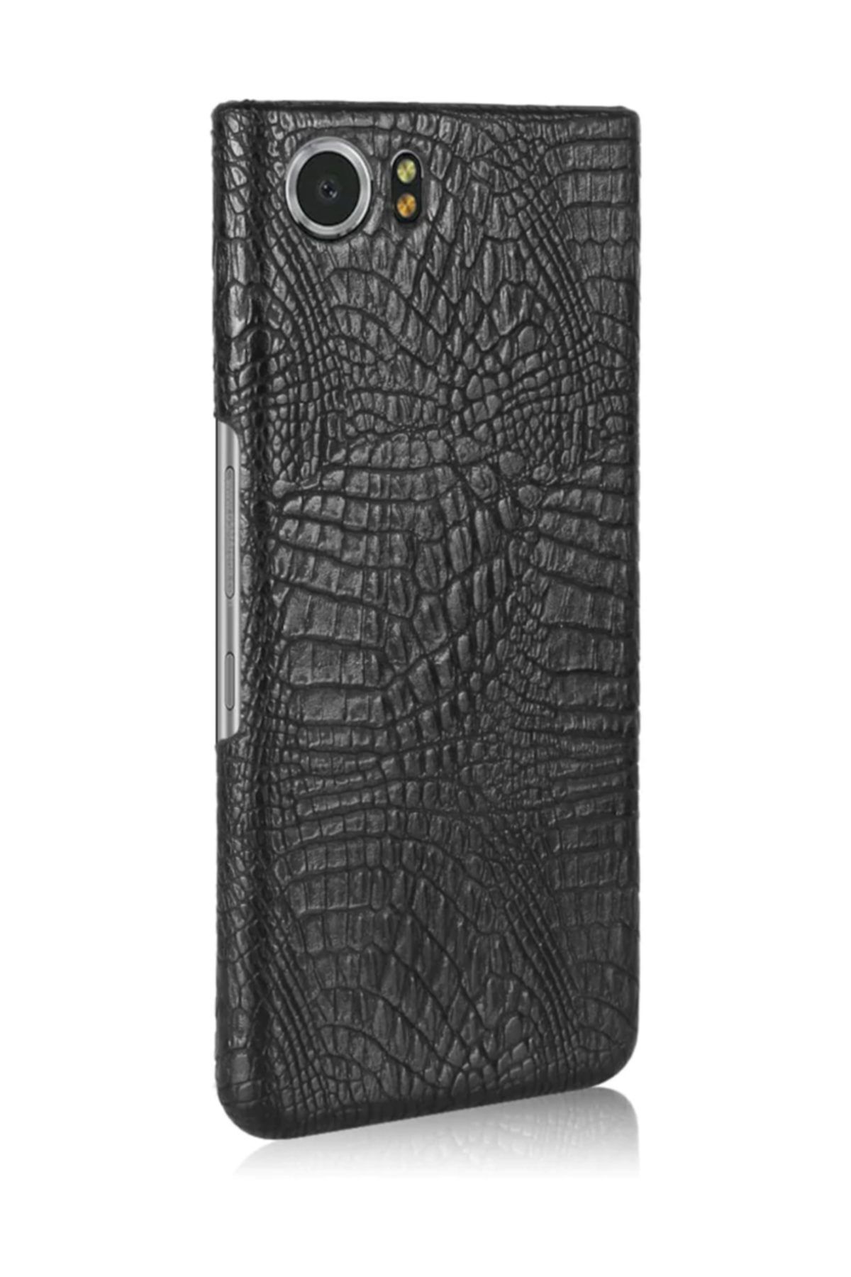 Microcase Blackberry Keyone Crocodile Timsah Deri Kaplama Sert Rubber Kılıf - Siyah