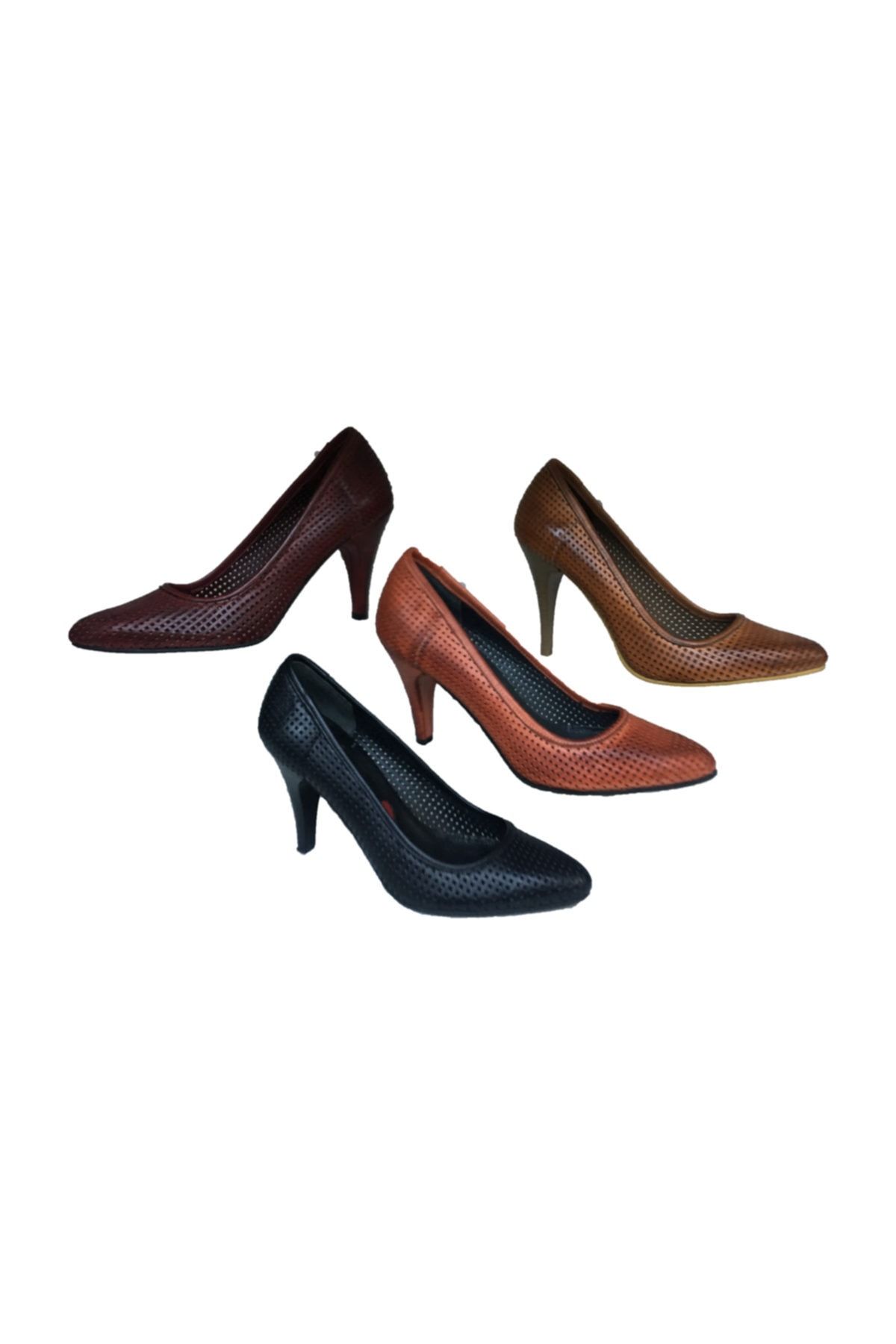 Elegan Küçük & Büyük Numara Hakiki Deri Kahverengi Delikli Stiletto Ayakkabı