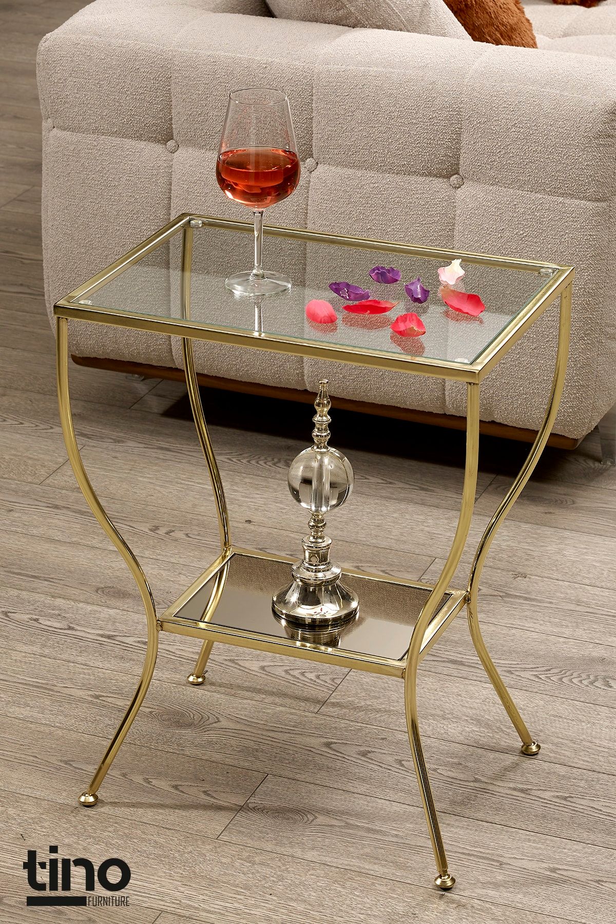 tino furniture Floransa Gold Kaplama Yan Sehpa Cam Ve Ayna Raflı Metal Komodin