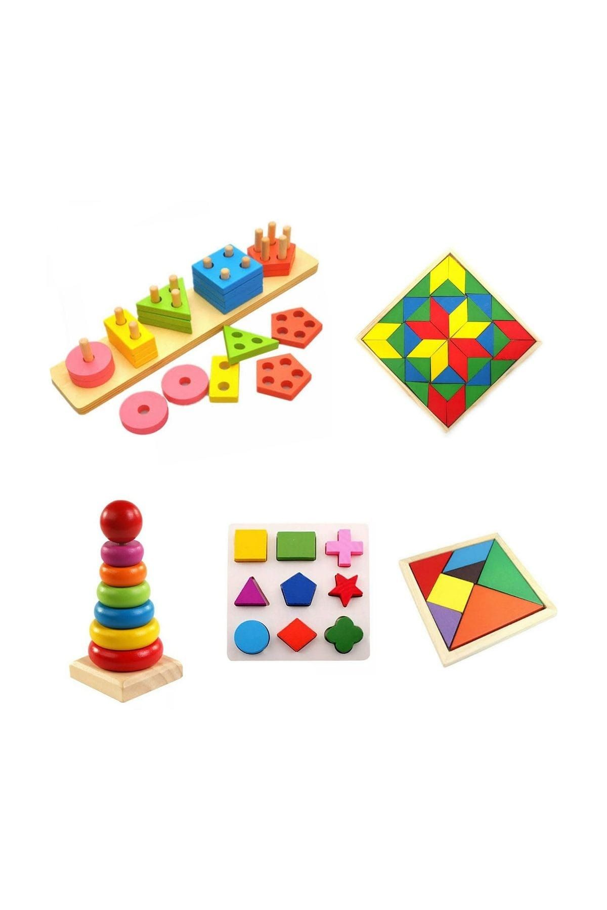 RoseRoi Ahşap Eğitici Oyuncak Bultak Puzzle Yapboz+Geometrik Set+Tangram+Kule 5 Ürün
