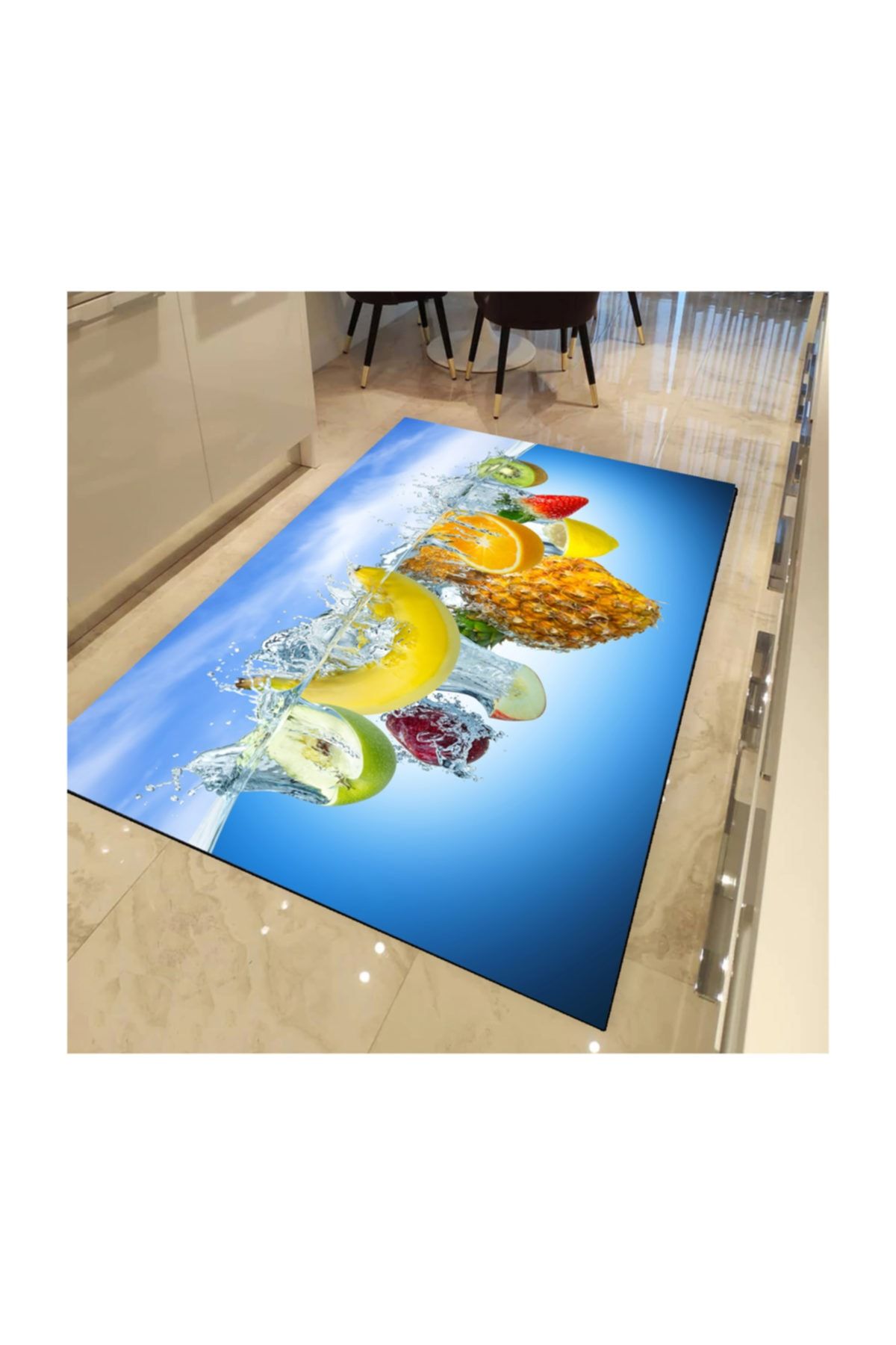 3D ELSE HALI Suda Tropik Meyveler 3d Desenli Dekoratif Mutfak Halısı 130x180 cm