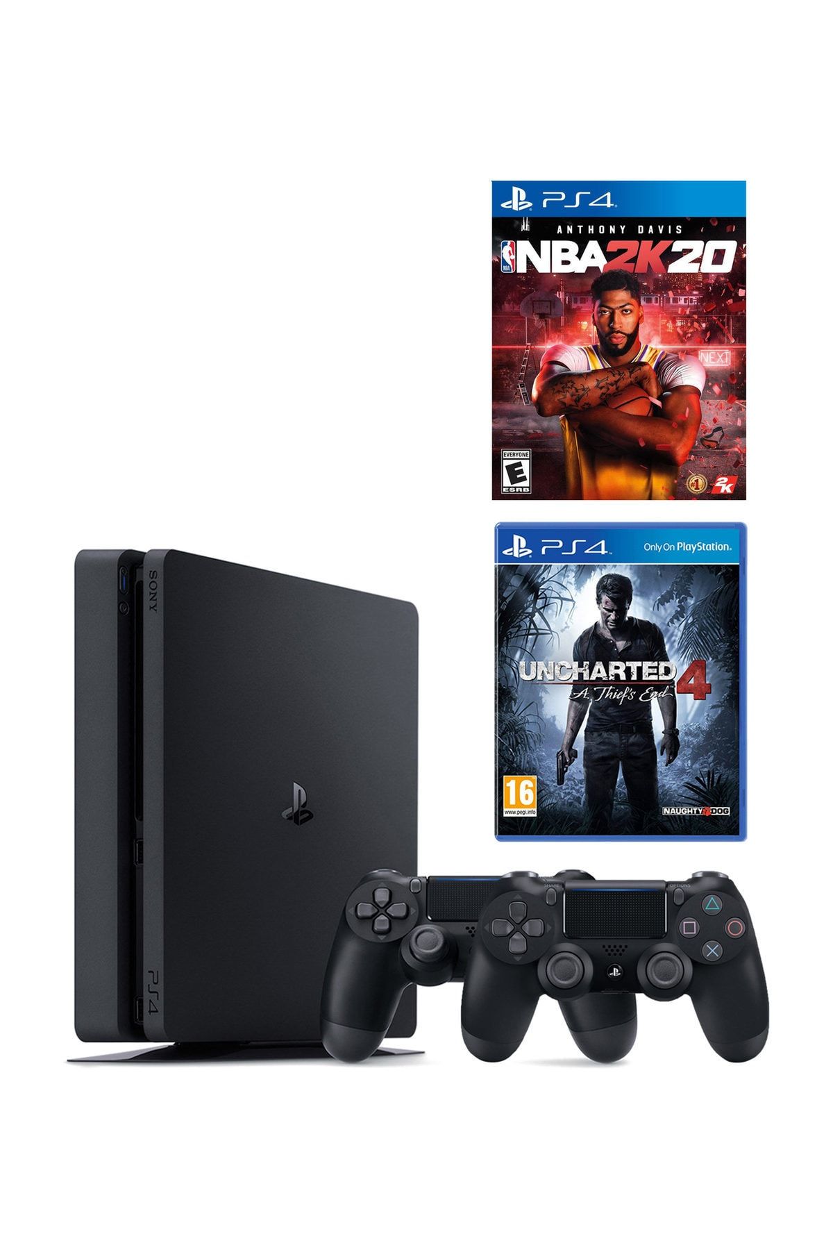 Sony Playstation 4 Slim 500 GB + 2. PS4 Kol + PS4 NBA 2K20 + PS4 Uncharted 4