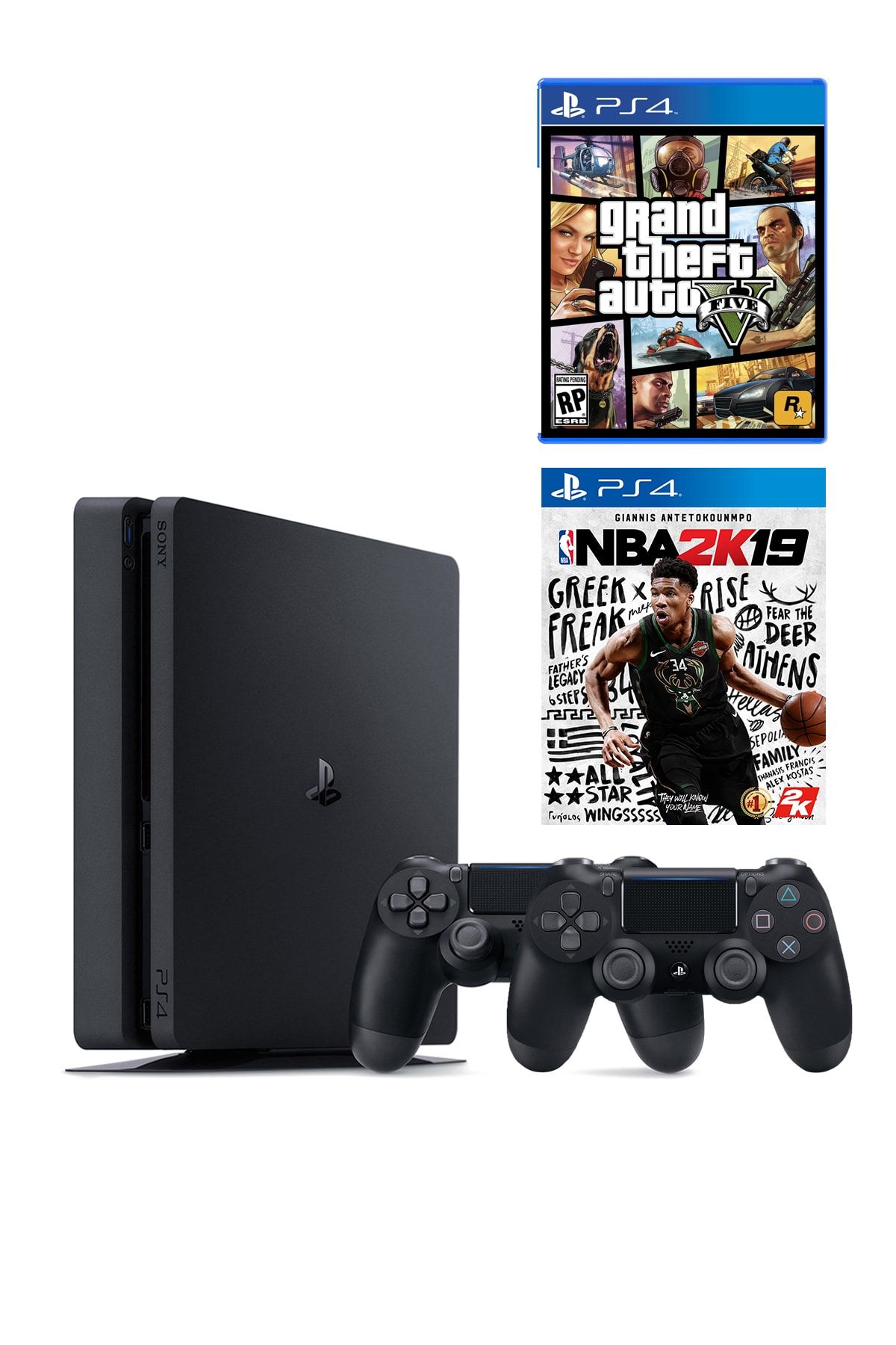 Sony Playstation 4 Slim 500 GB + 2. PS4 Kol + PS4 GTA 5 + PS4 NBA 2K19