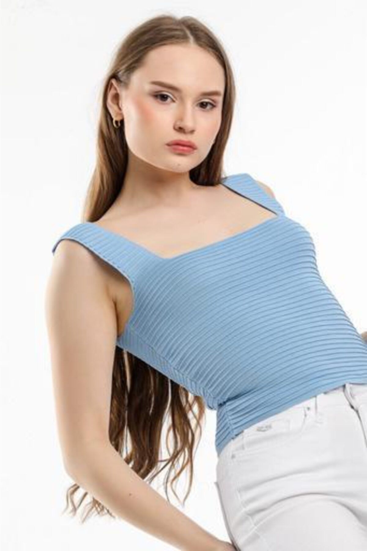 Suanye Kadın Mavi Triko Crop Bluz
