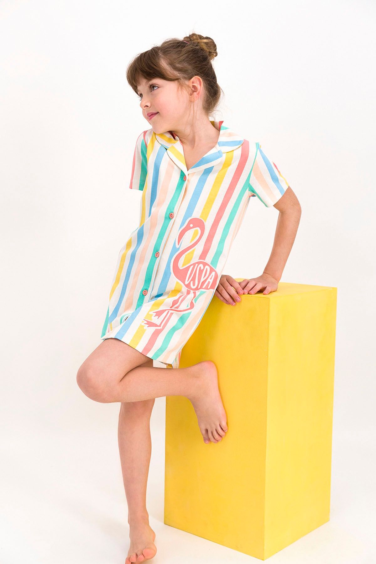 U.S. Polo Assn. Kız Çocuk Bej Çizgili Elbise