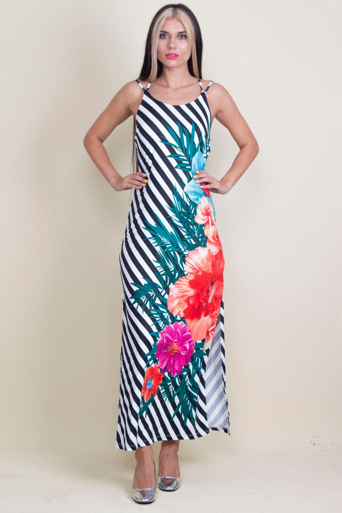 Şans Tekstil Kadın Renkli Sırt Dekolteli Çiçek Desenli Çizgili Elbise 26a17179