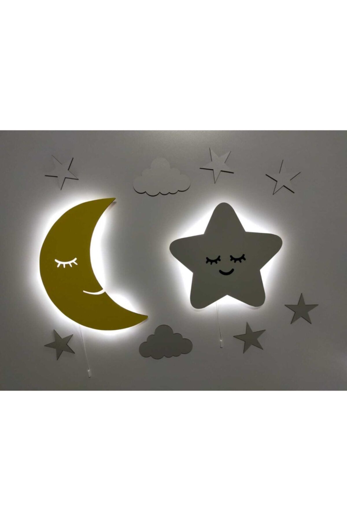 fabrikahşap Çocuk Odası Dekoratif Ahşap Işıklı Ay Sevimli Yıldız Gece Lambası Ledli Aydınlatma