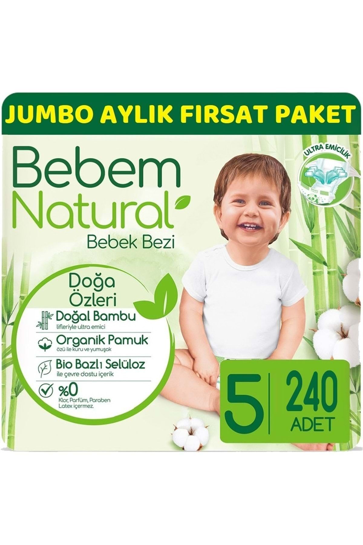 Bebem Natural Bebek Bezi Natural Jumbo Aylık Fırsat Pk Beden:5 (11-18kg) Junior 240 Adet