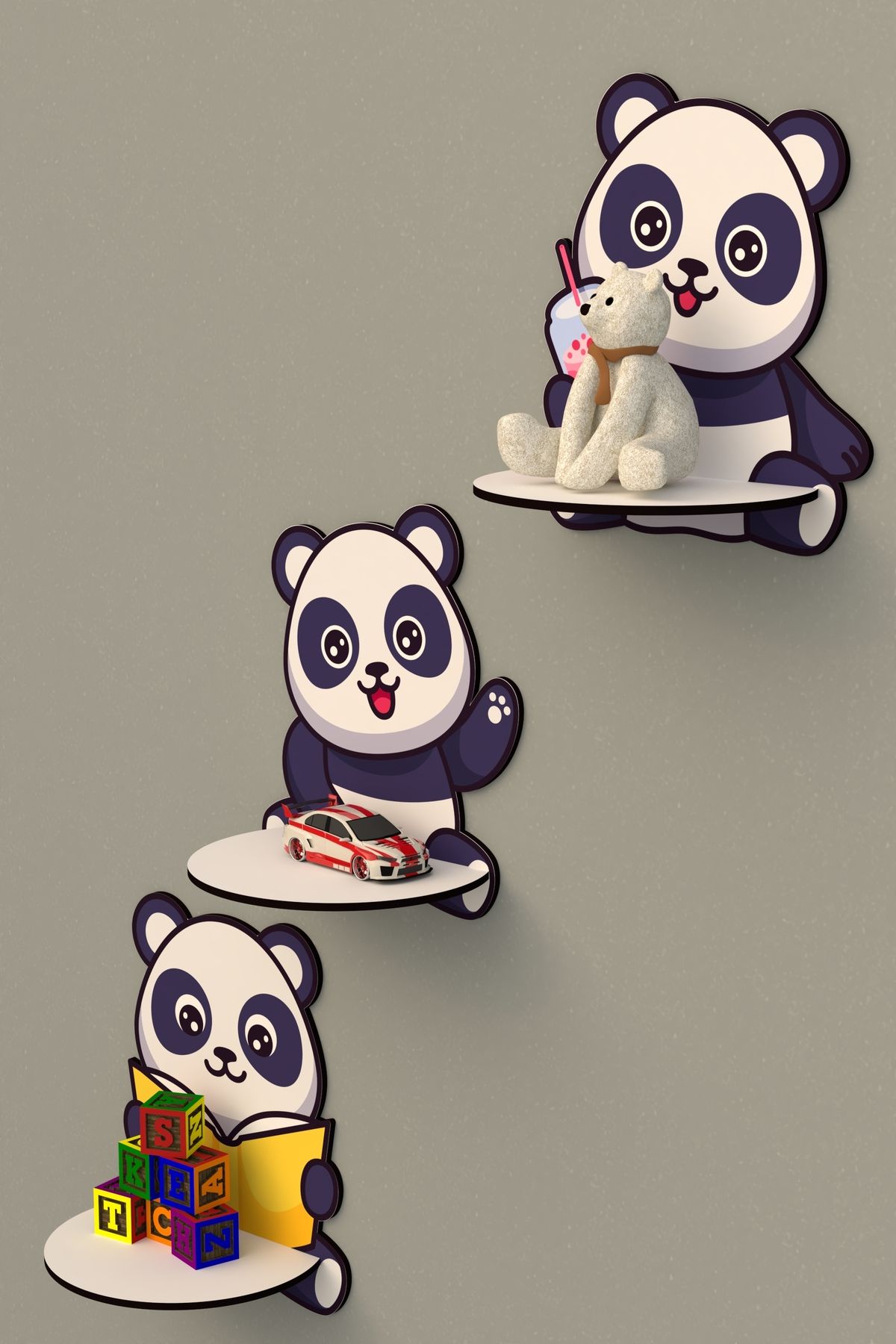 pi10reklam Panda 3'lü Ahşap Duvar Rafı & Dekoru Lacivert Oyuncak Rafı , Biblo Rafı