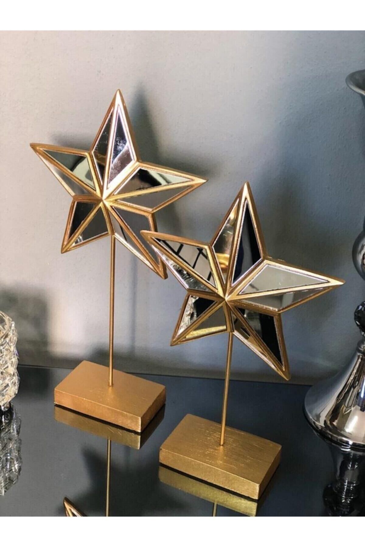 Genel Markalar 2'li Yıldız Superstar Gold Altın Şık Tasarım Ev Ofis Aynalı Yıldız Obje Biblo Büyük Boy Dekoratif