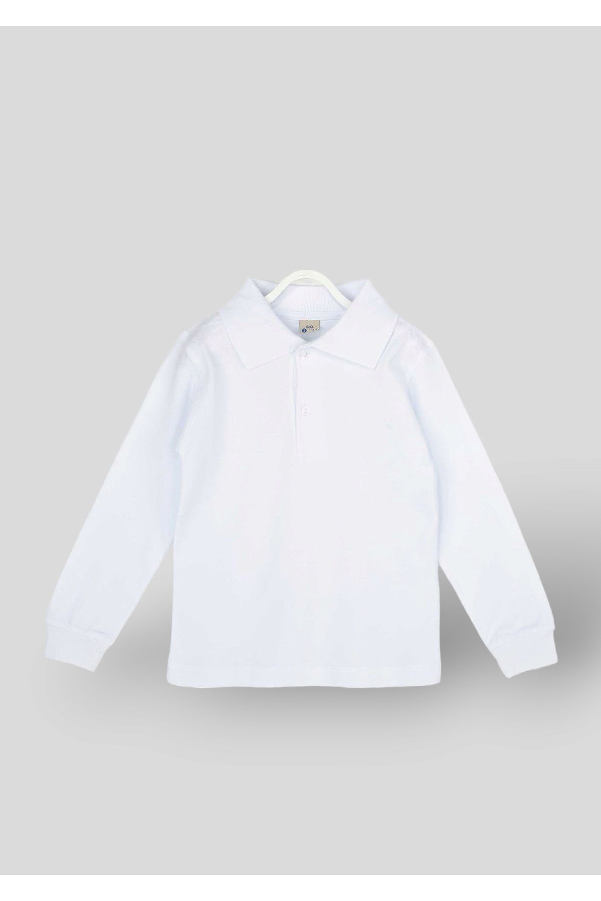 DUDO GİYİM Beyaz Polo Yaka Basic Uzun Kollu Kız Erkek Çocuk Tişört