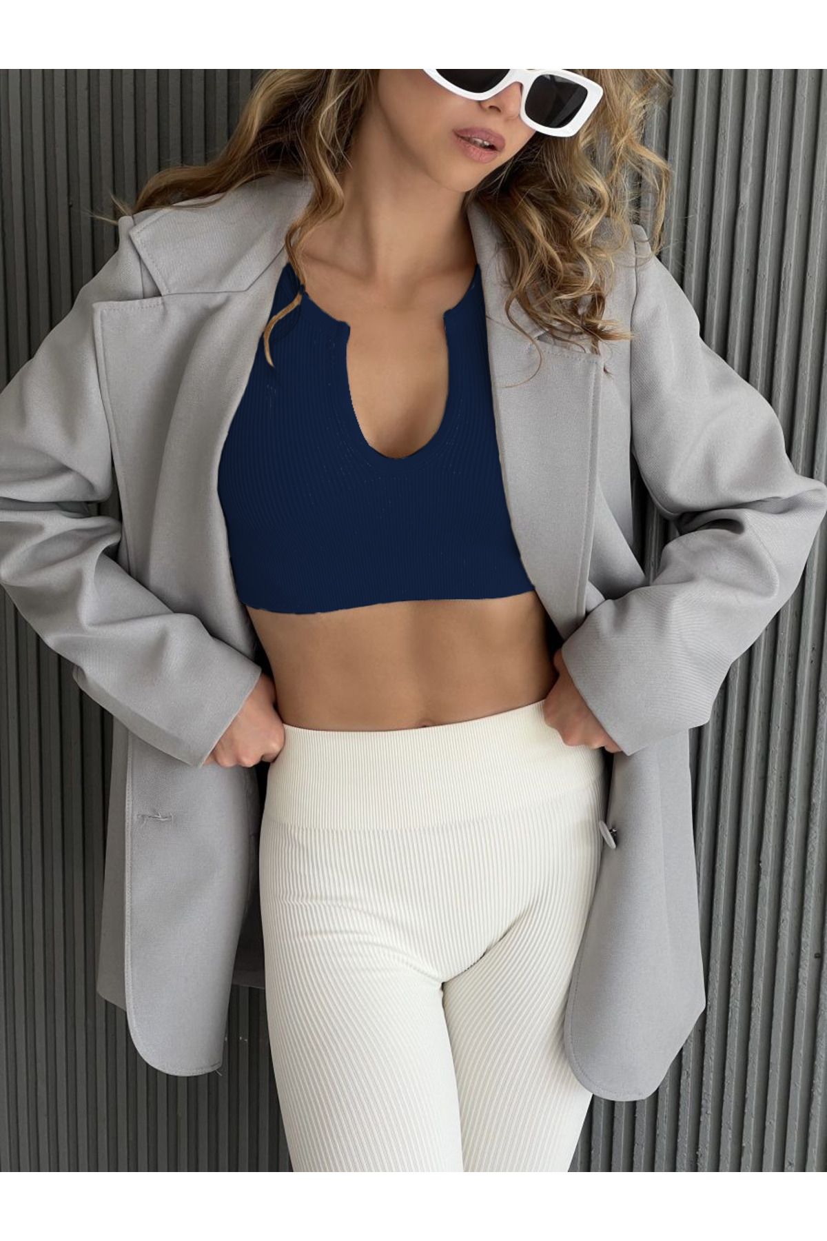 MİSTİRİK Florio Model Dikişsiz Seamless Model Büstiyer Crop Fitilli Üst Model Crop Lacivert Renk