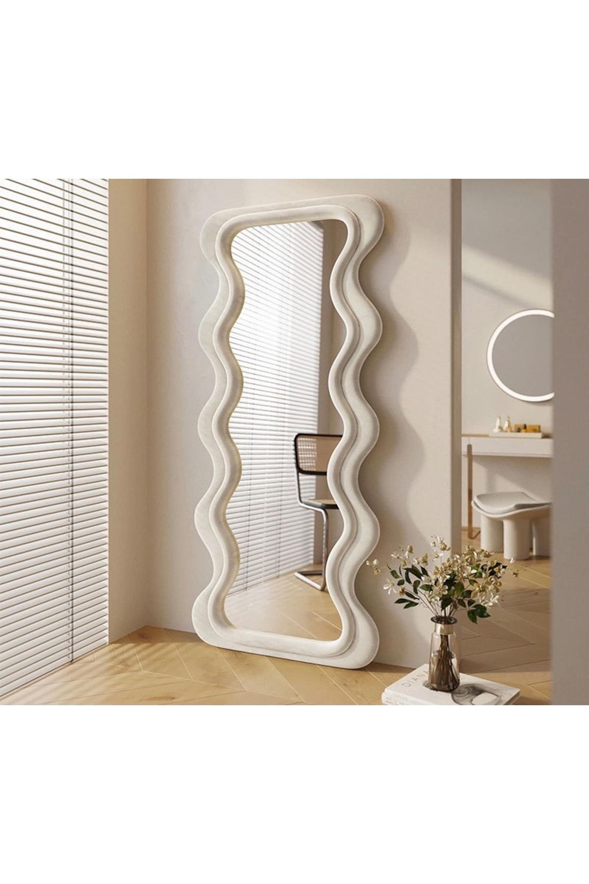 Felicity Mirror 190 cm Kadife Kumaş Çerçeveli Dekoratif Duvar Boy Aynası - Konsol Üstü Salon Aynası