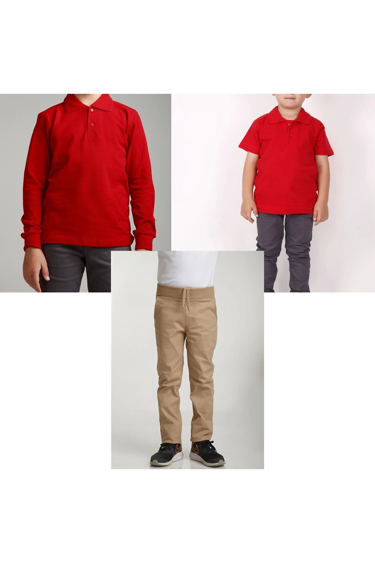 FATELLA Unisex çocuk okul ribana bel pantolon - kırmızı kısa kol uzun kol Polo yaka tişört 3lü takım