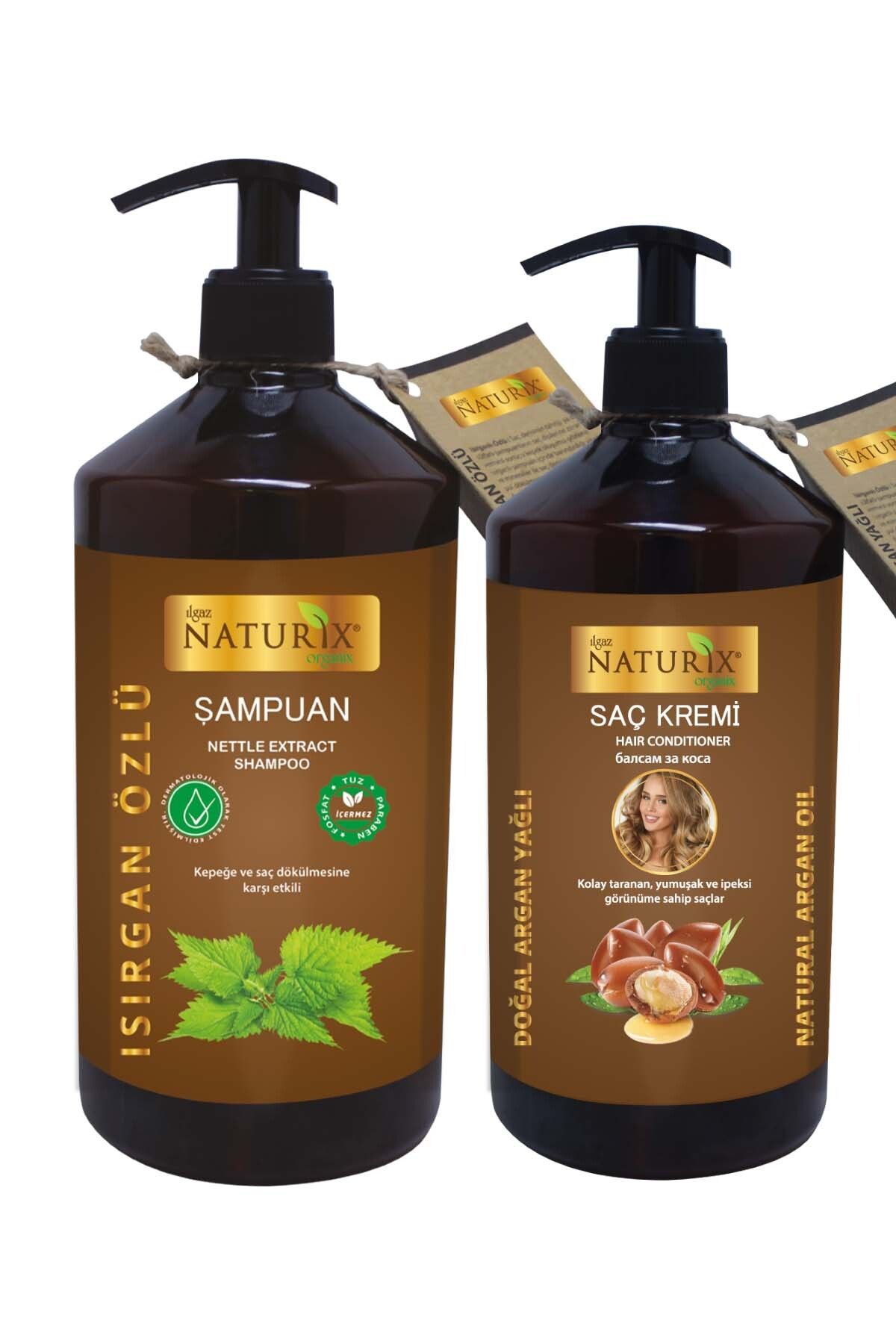 Naturix Tuzsuz 2'li Doğal Isırgan Otu Özlü 600 ml Saç Bakım Şampuanı 500 ml Argan Yağlı Saç Kremi