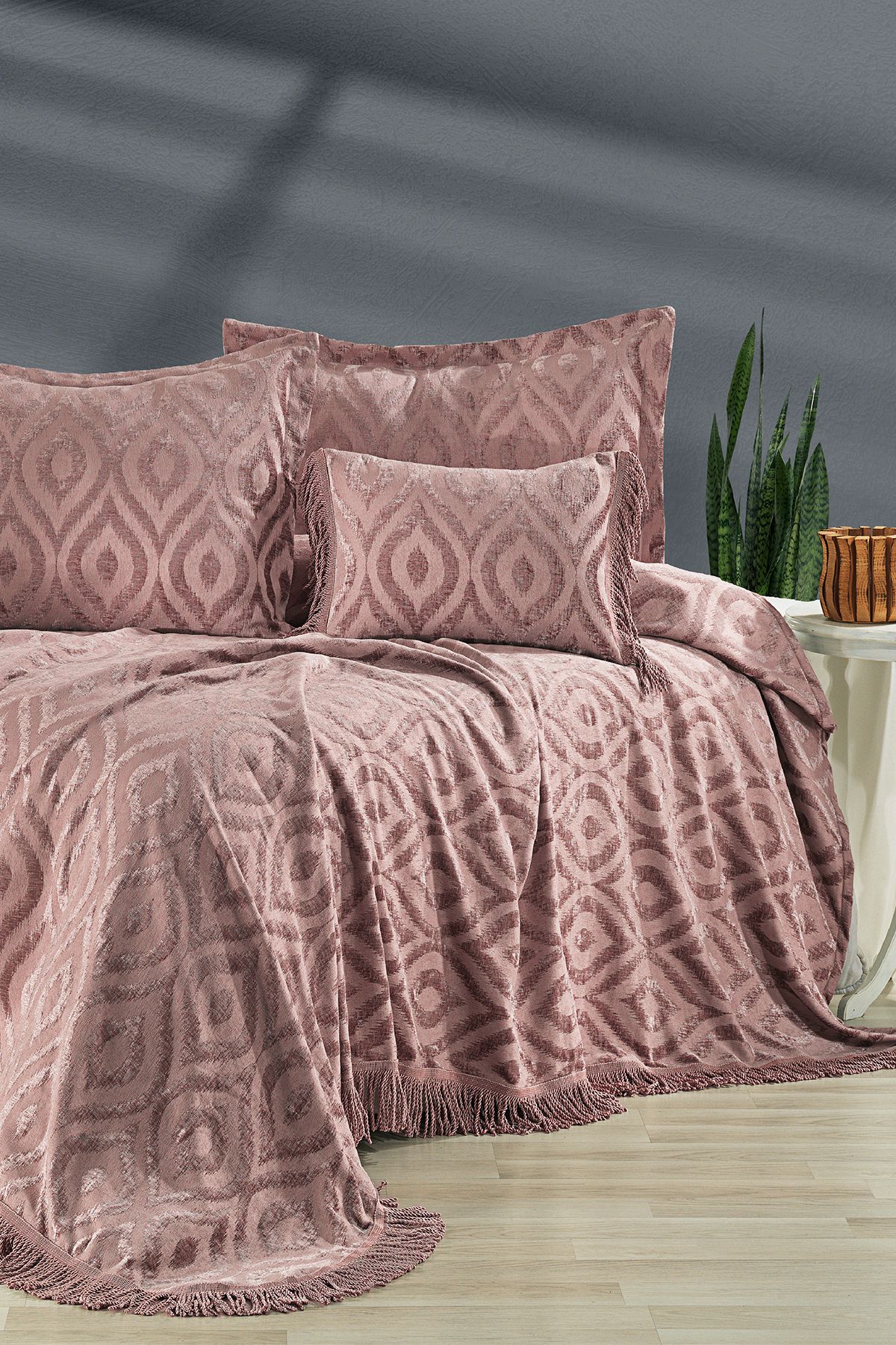 Evlen Home Collection Ayana Saçaklı Çift Kişilik Yatak Örtüsü Çeyizlik-günlük Seti 240x260 ( Pike Takımı ) Lila - Pudra