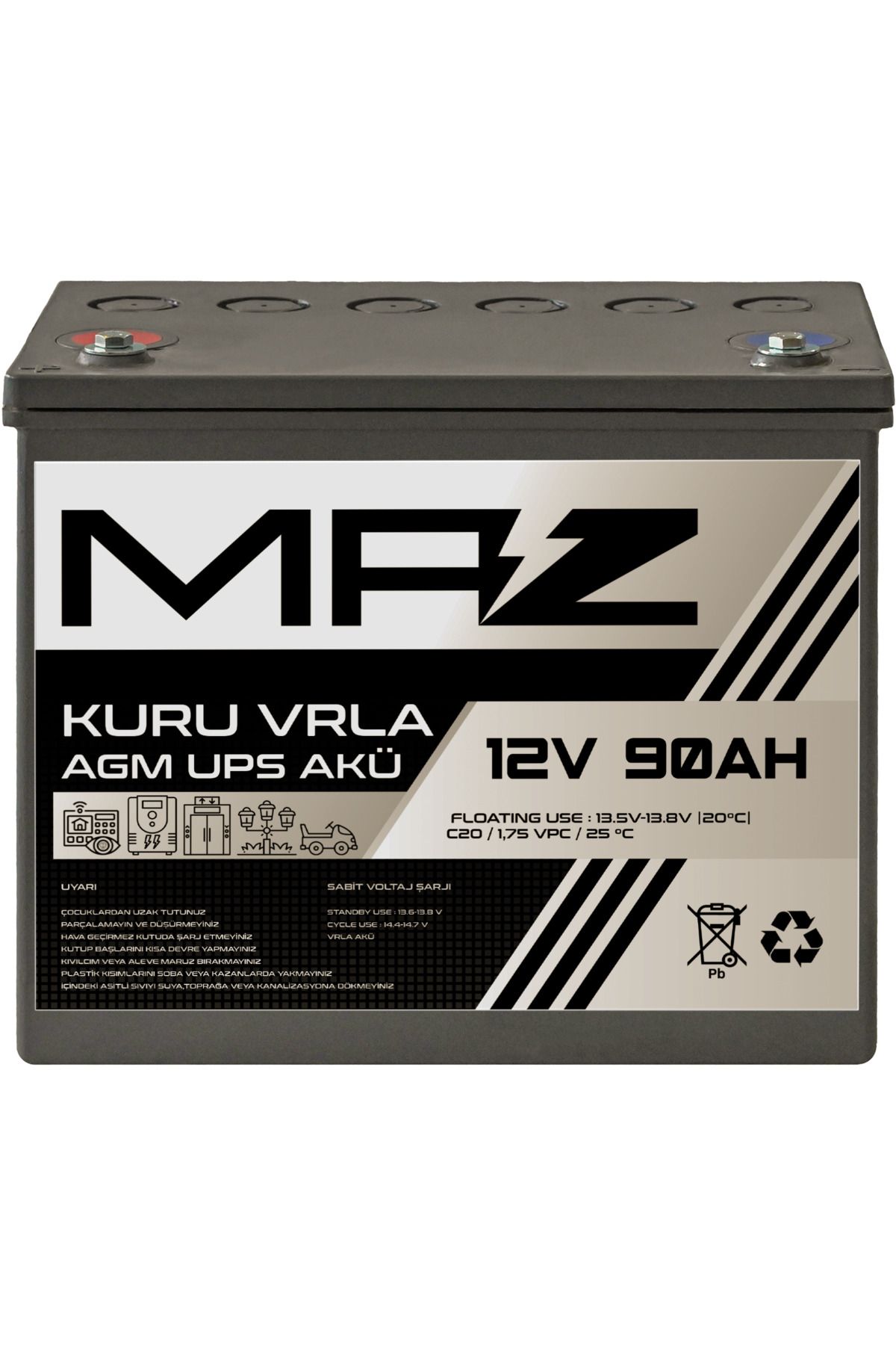 Maz Akü 12 Volt 90 Amper (Ah) Kuru AGM VRLA Güç Kaynağı UPS Akü