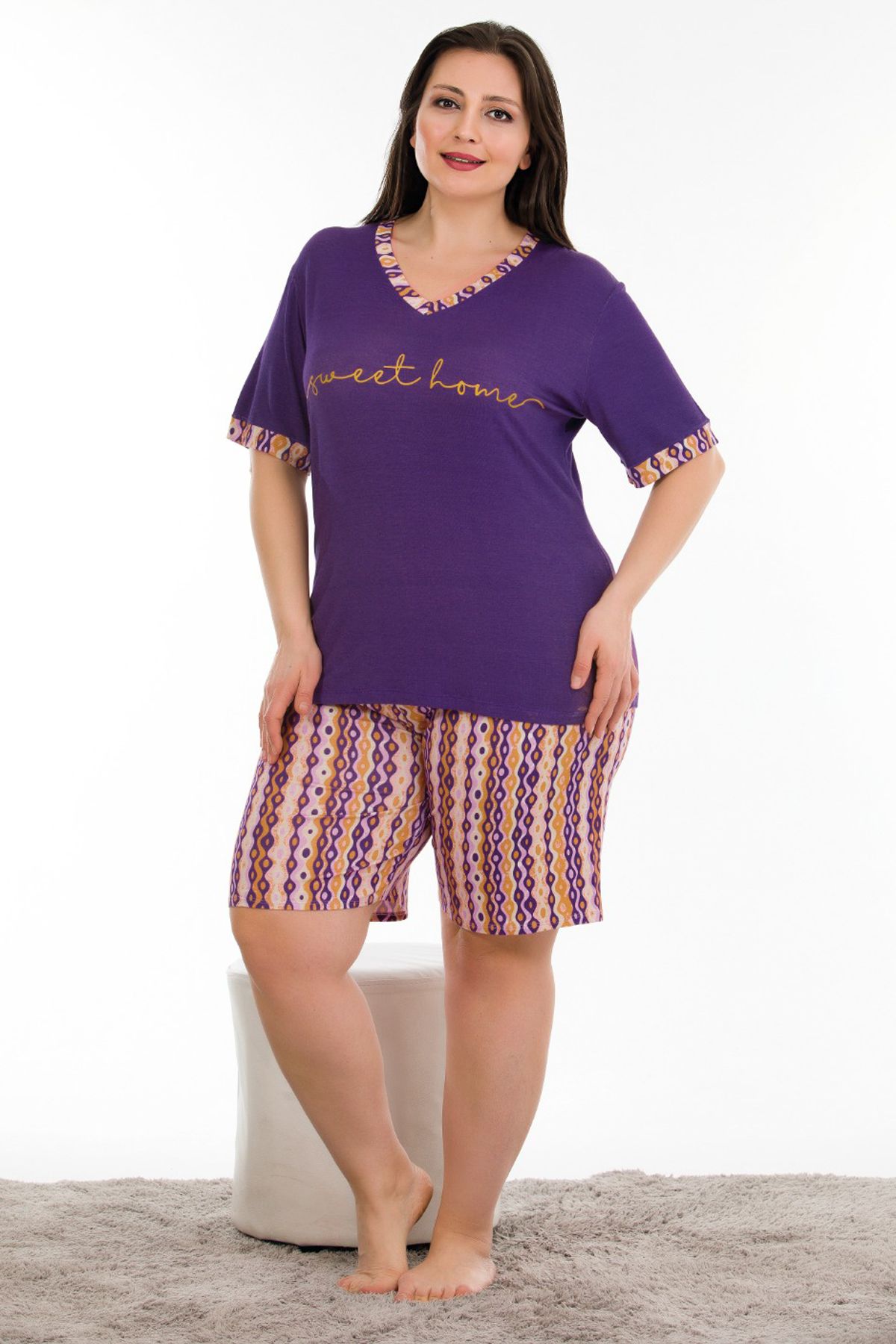 VocalMood Mor Renk ve Desenli Lady 10384 Büyük Beden Şortlu Pijama Takımı