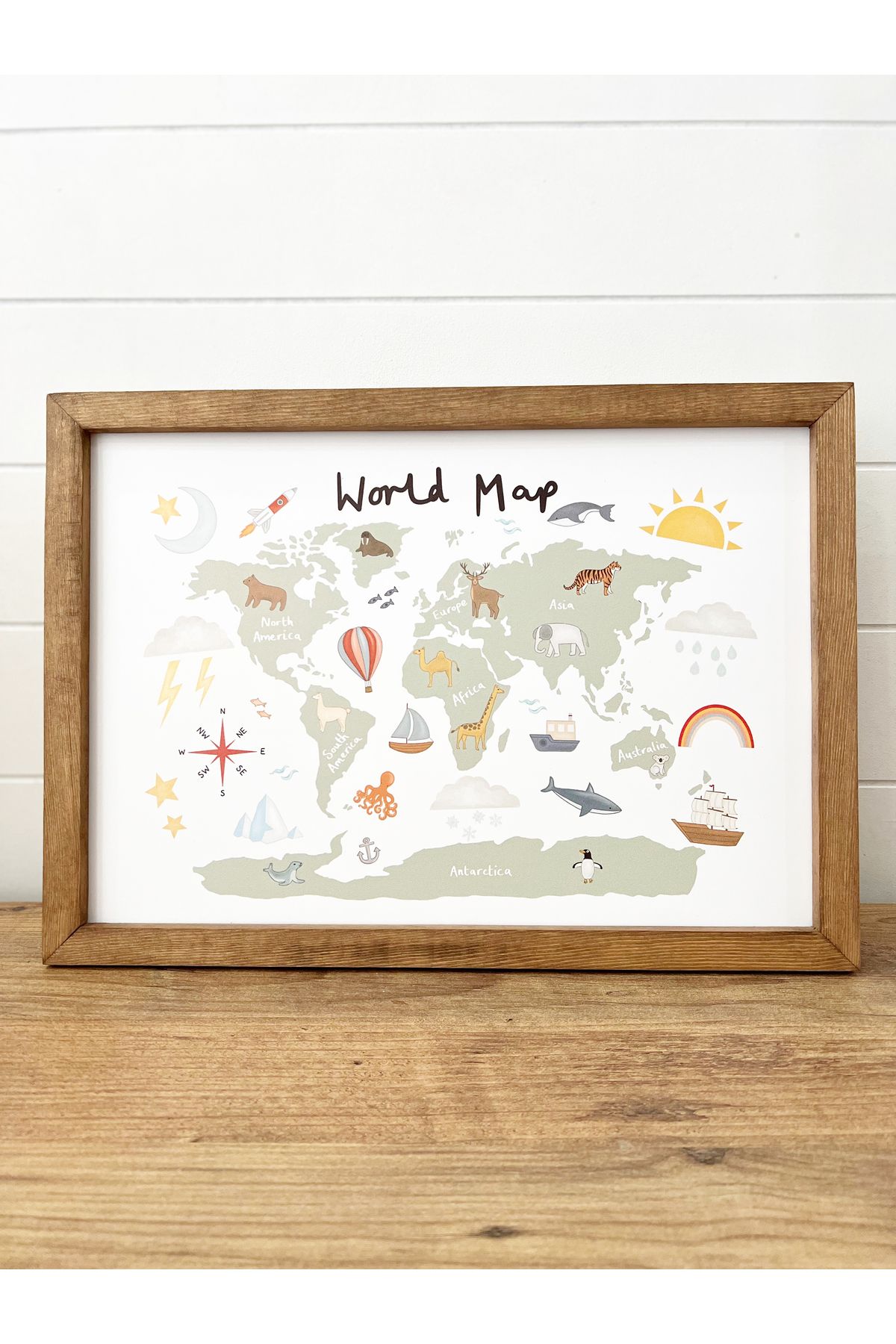 Puu Design Çocuk Odası Dünya Haritası Temalı Ahşap Çerçeveli Tablo World Map - Kahverengi