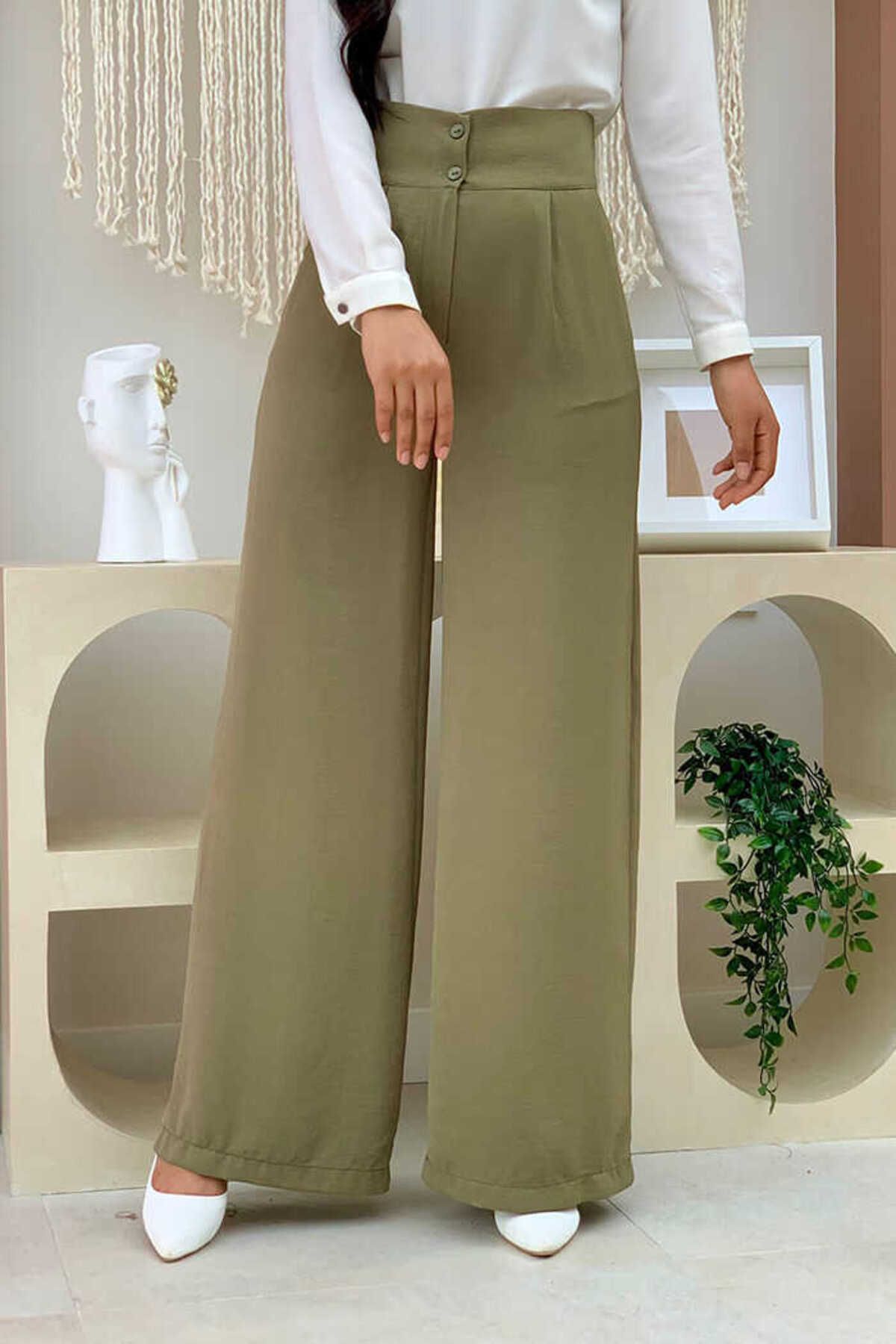 Bym Fashion Cepli Düğme Detaylı Bol Paça Pantolon 0261 Haki