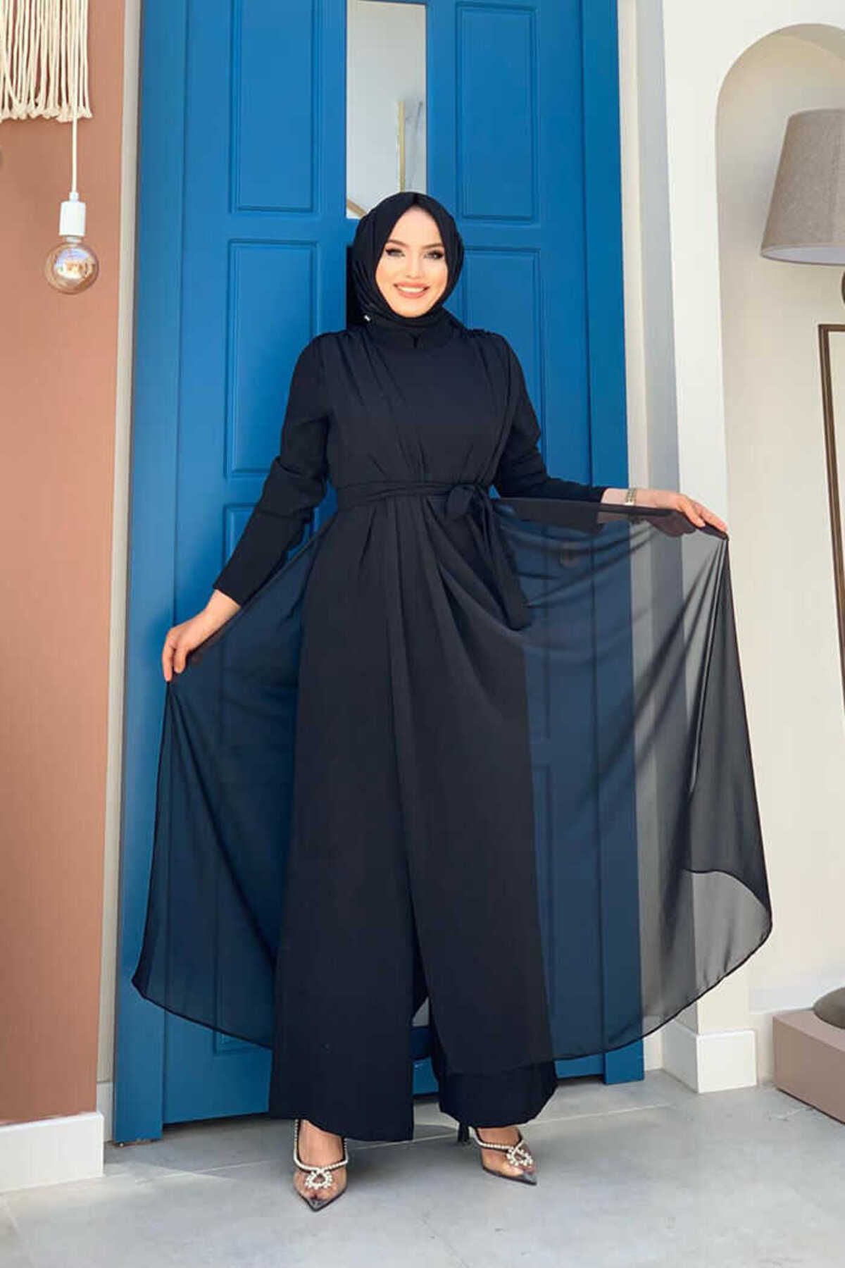 Bym Fashion Şifon Pelerin Detay Bel Kuşaklı Tulum 3330 Siyah