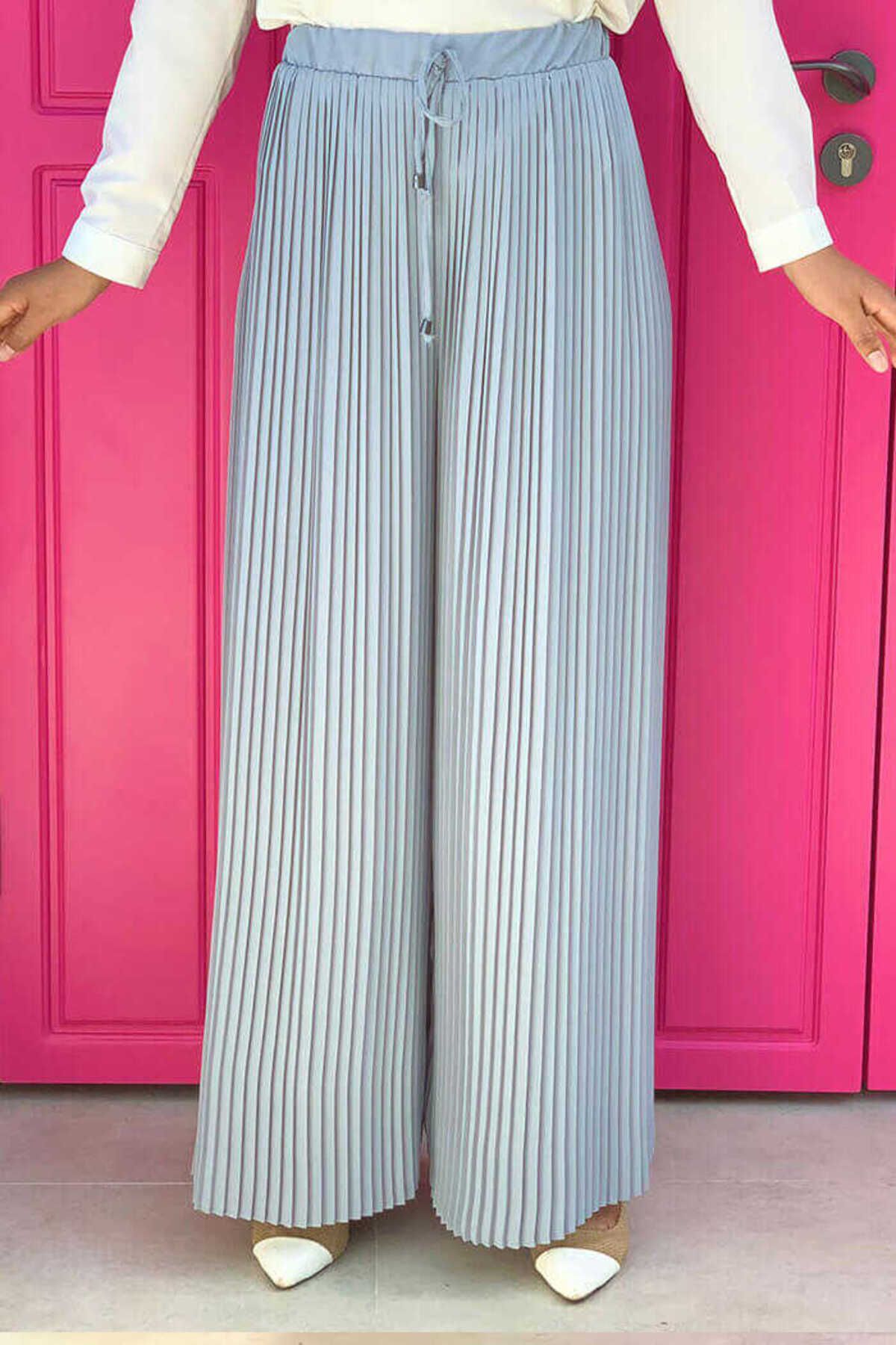 Bym Fashion Bel Lastikli Bağcık Görünümlü Piliseli Pantolon 0129 Gri