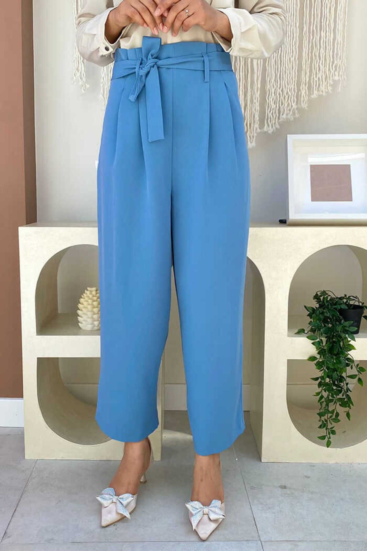 Bym Fashion Fermuarlı Bel Bağcıklı Pantolon 0174 Mavi