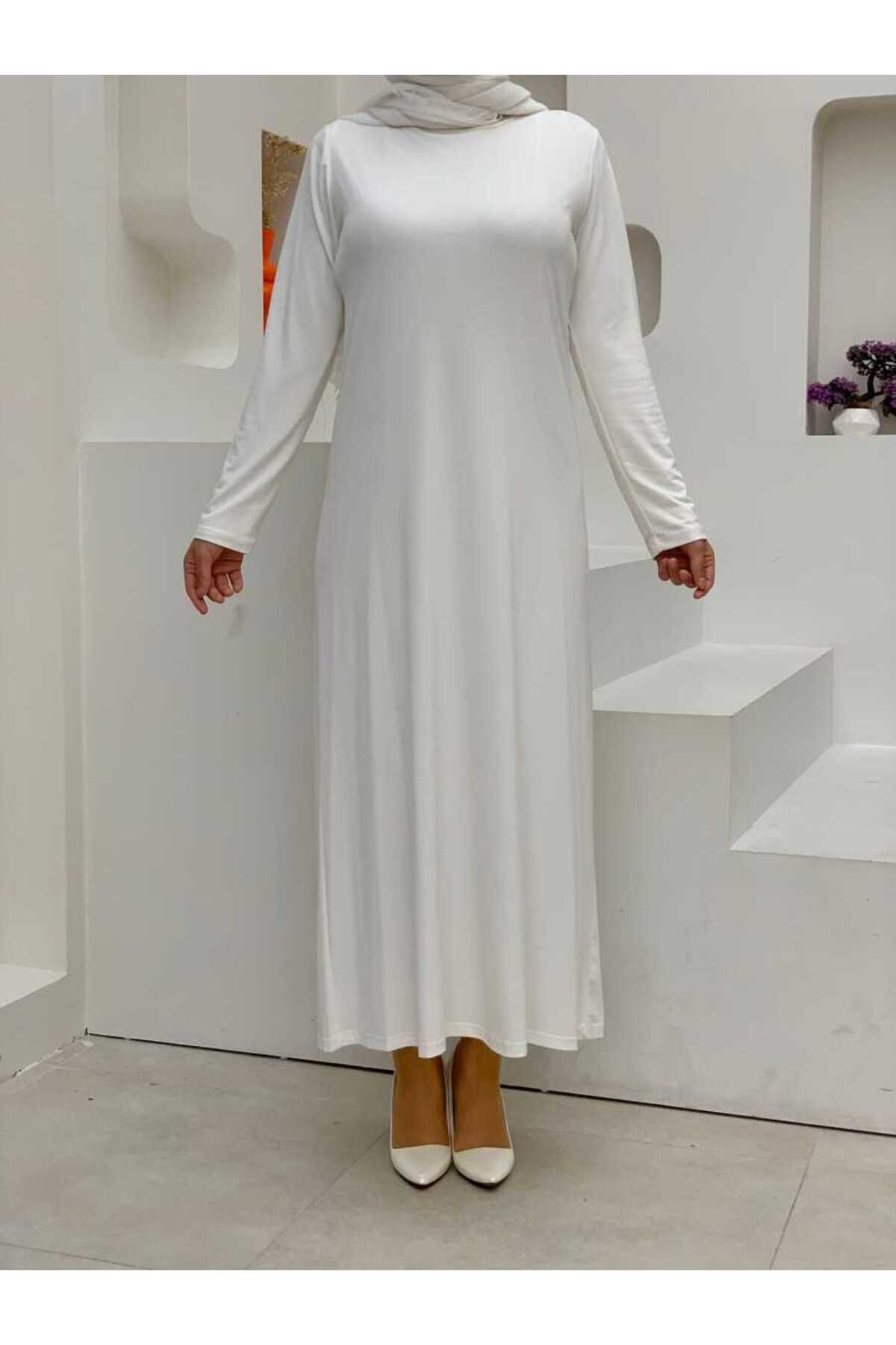 Bym Fashion XXL Büyük Beden Düz Bisklet Yaka Uzun Kol İç Sandy Elbise 3202-3 Ekru