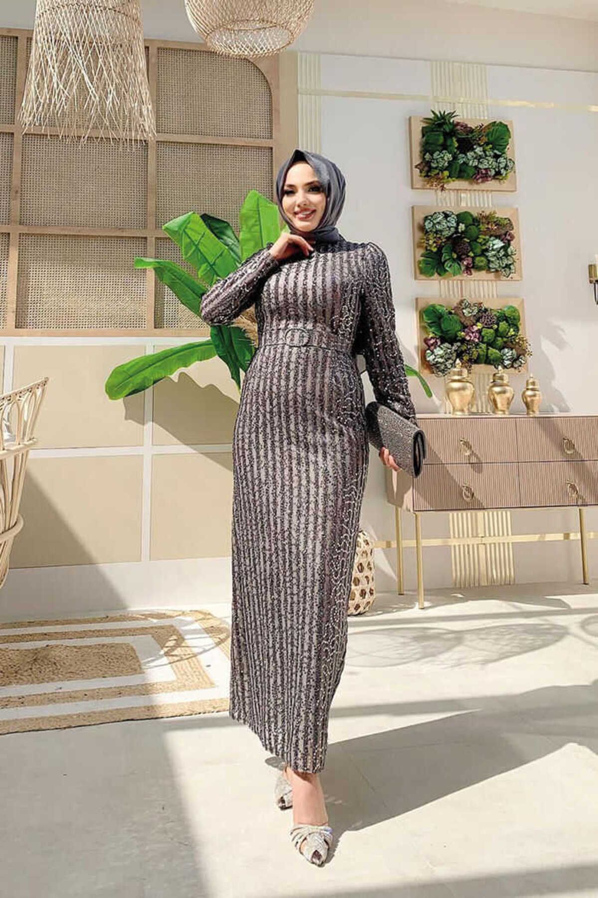 Bym Fashion Kalem Model Bel Kemer Aksesuarlu Pul Payet Abiye Elbise 3706 Gri