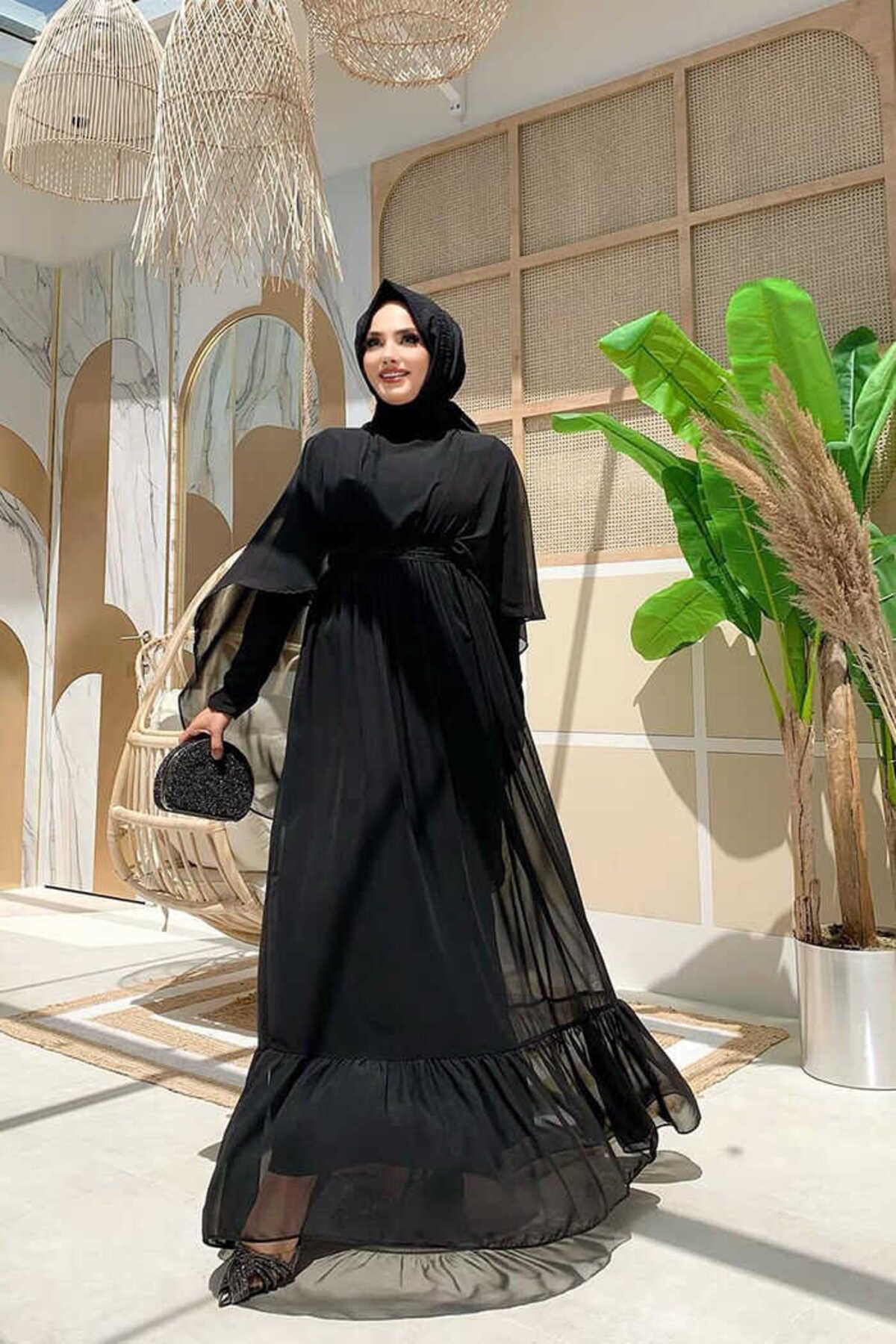 Bym Fashion Pelerin Detaylı Bel Taş İşleme Görünümlü Şifon Abiye Elbise 3675 Siyah