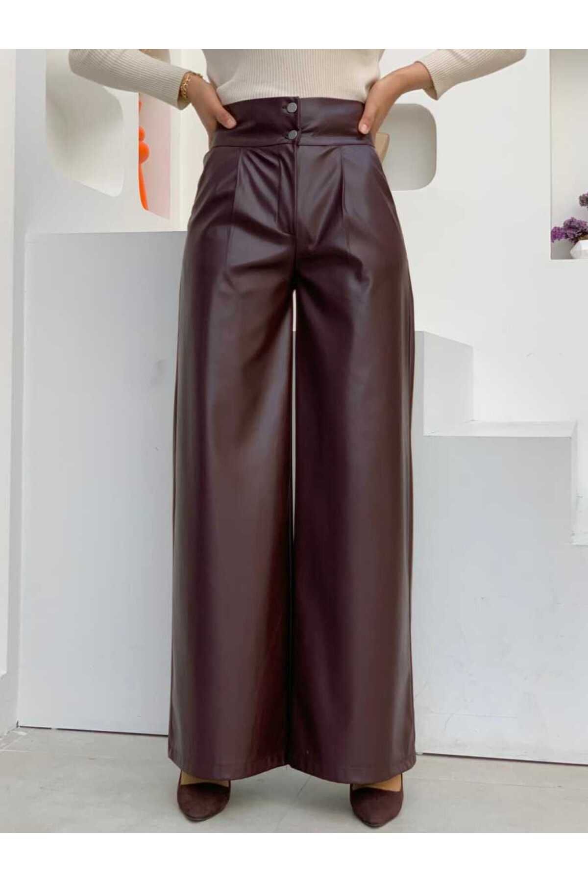 Bym Fashion Fermuarlı Düğme Detaylı Deri Cepli Pantolon 0253 Bordo