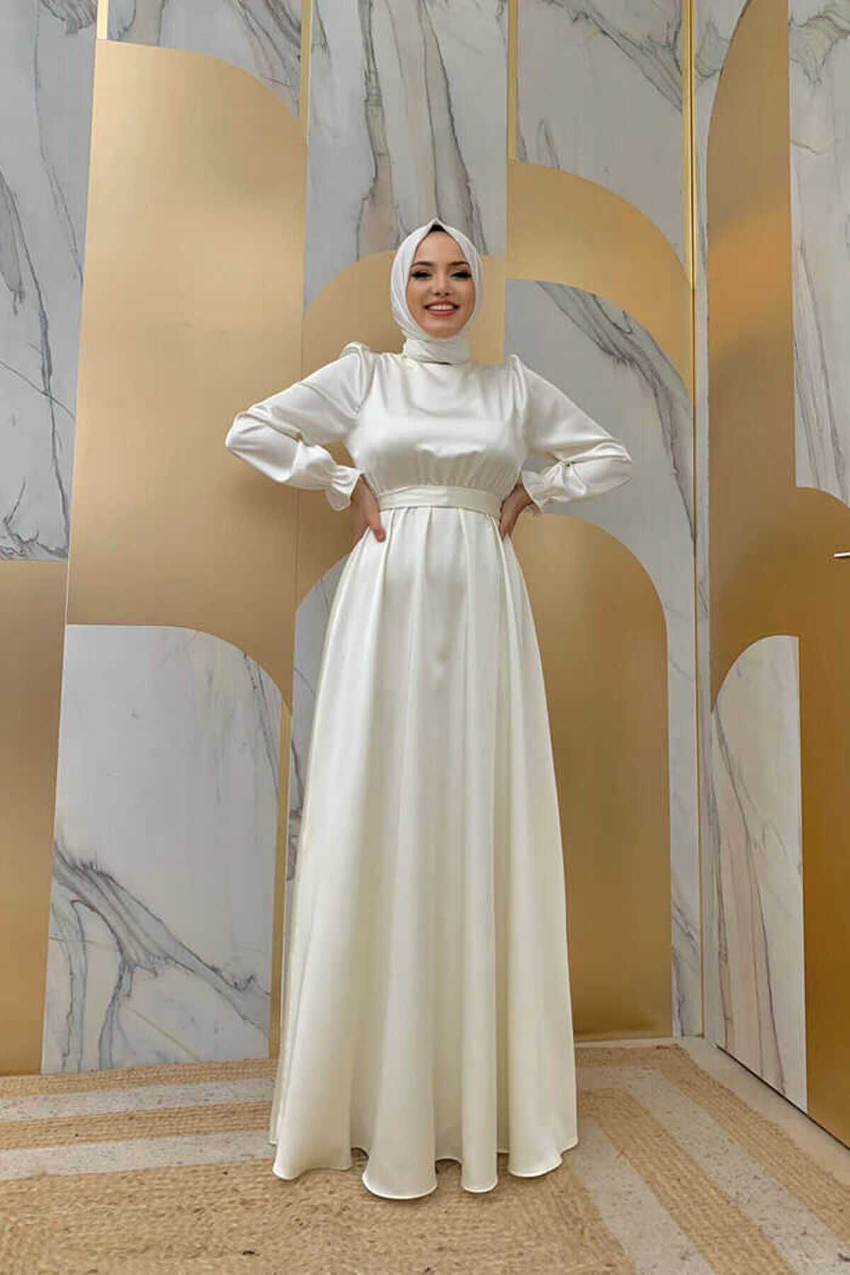 Bym Fashion Bel Kuşak Detay Düz Saten Abiye Elbise 3791 Ekru