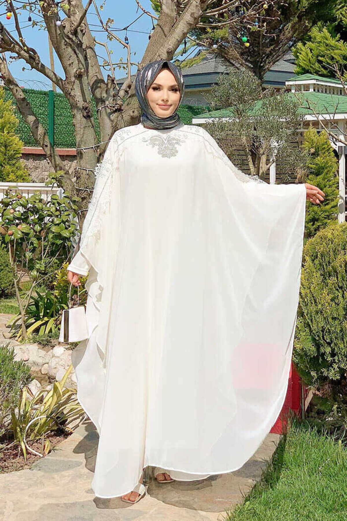 Bym Fashion Omuz Kısımları Güpür Taş İşlemeli Pelerin Elbise Takım 3538 Ekru