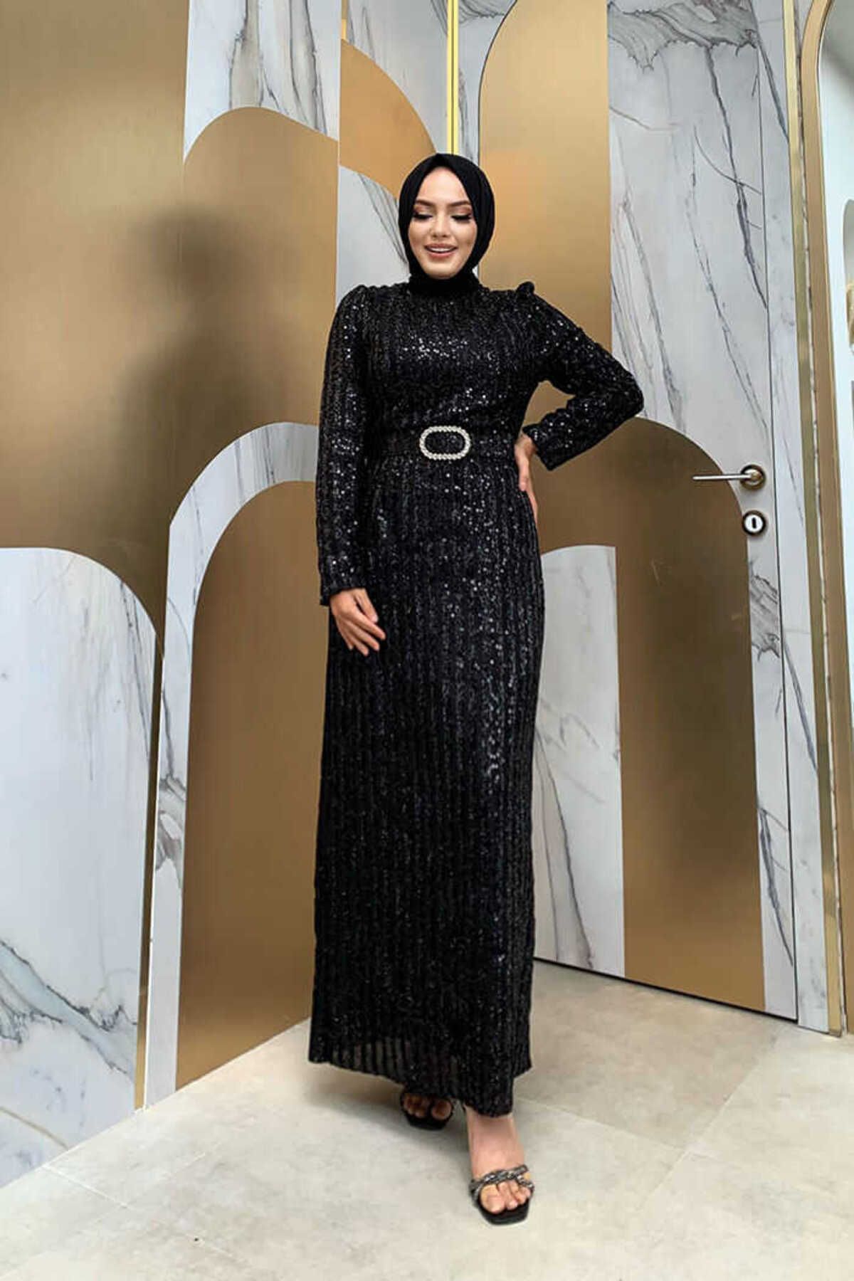 Bym Fashion Kalem Model Bel Kemer Aksesuarlu Pul Payet Abiye Elbise 3706 Siyah