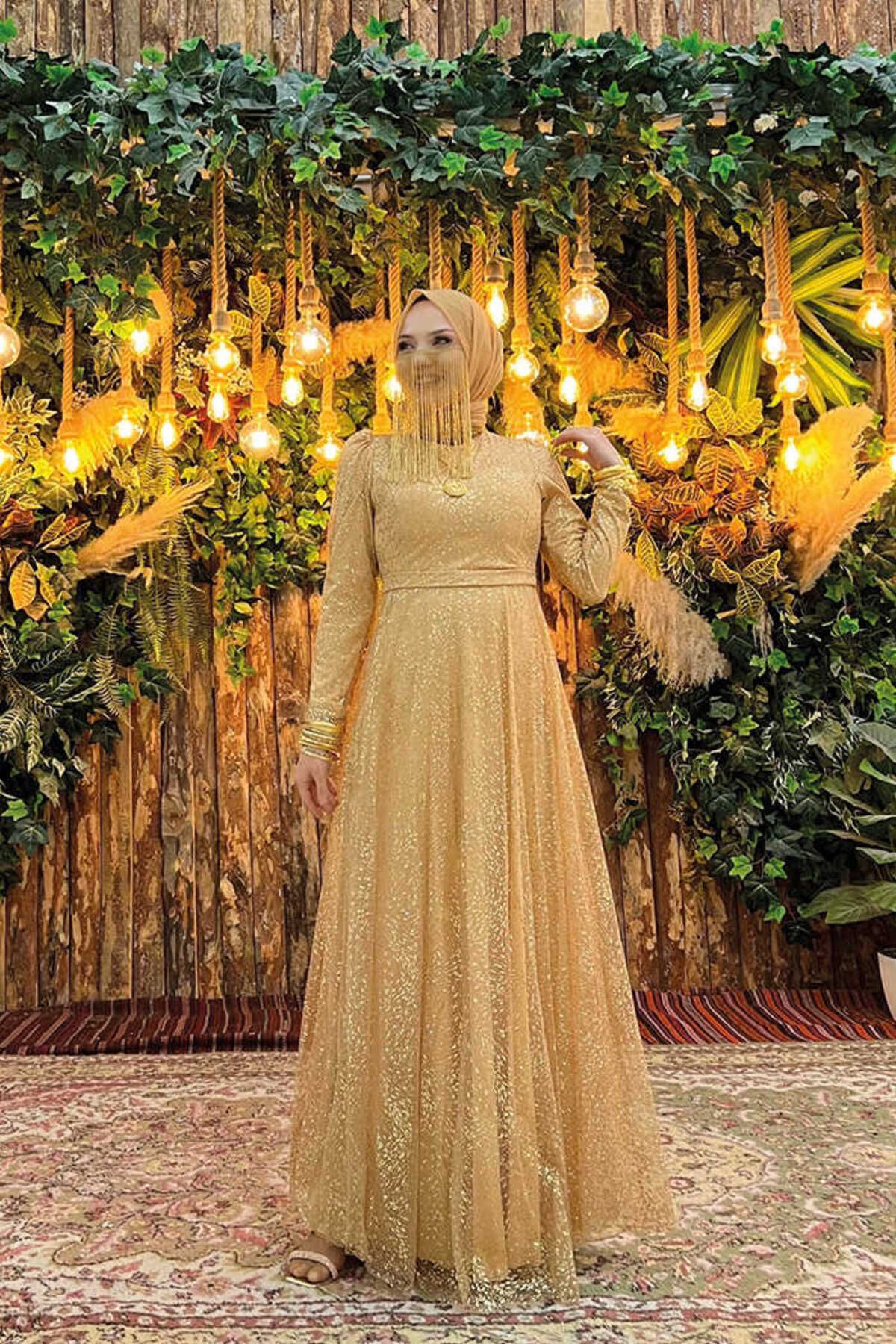 Bym Fashion İki Renkli Simli Astarlı Arkası Fermuarlı Tül Abiye Elbise 3769 Gold