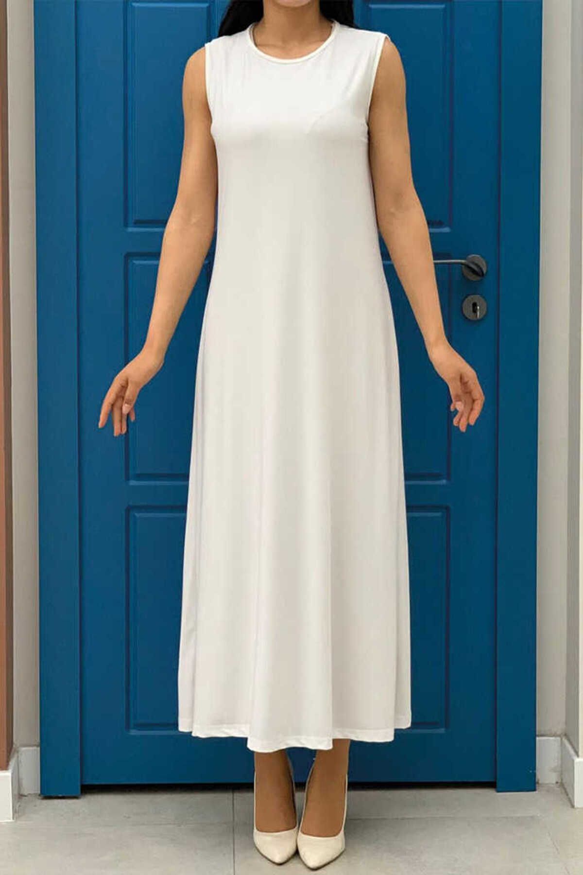 Bym Fashion Sıfır Kollu Uzun Sandy İçlik Elbise 3197 Ekru