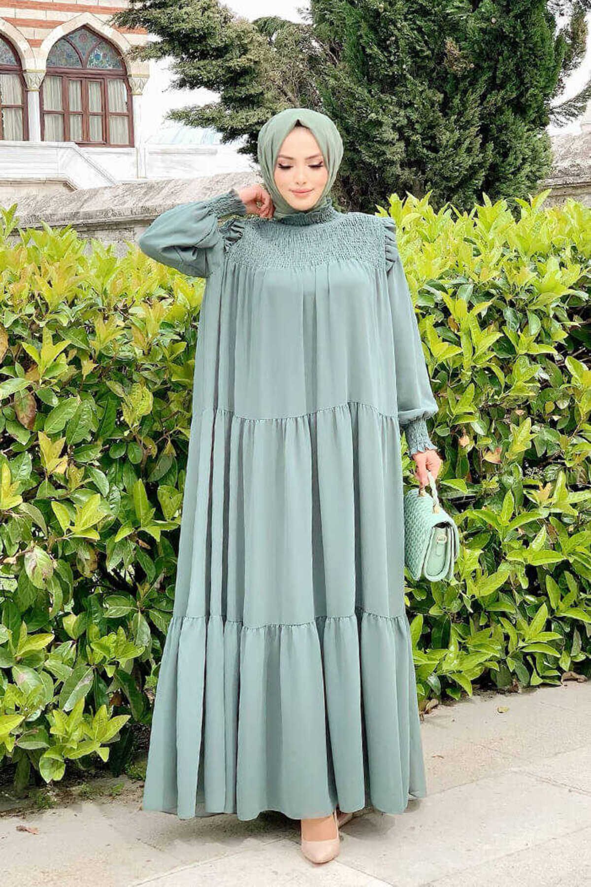 Bym Fashion Omuz Kısmı Büzgü Görünümlü Salaş Astarlı Elbise 3511 Mint
