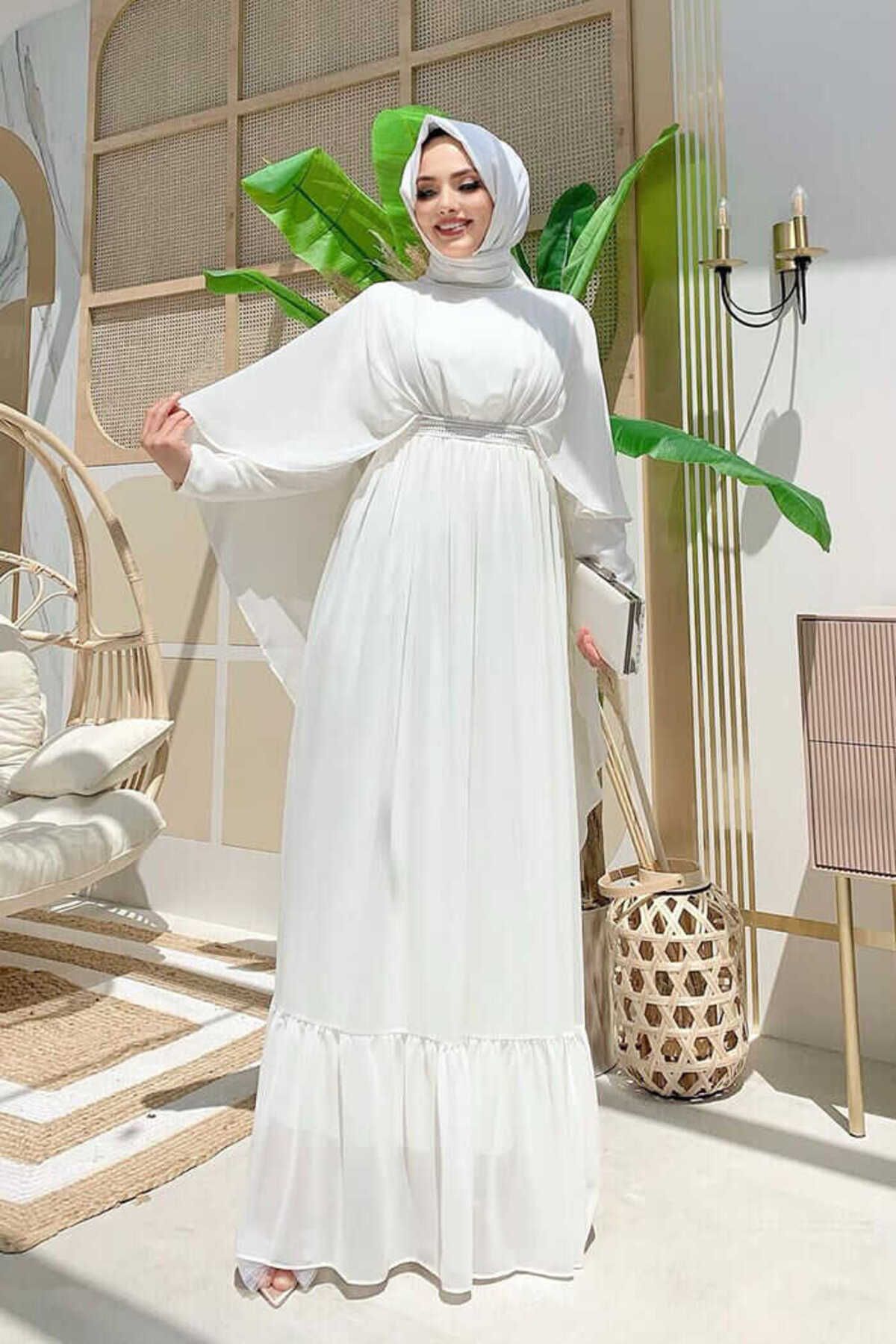 Bym Fashion Pelerin Detaylı Bel Taş İşleme Görünümlü Şifon Abiye Elbise 3675 Ekru