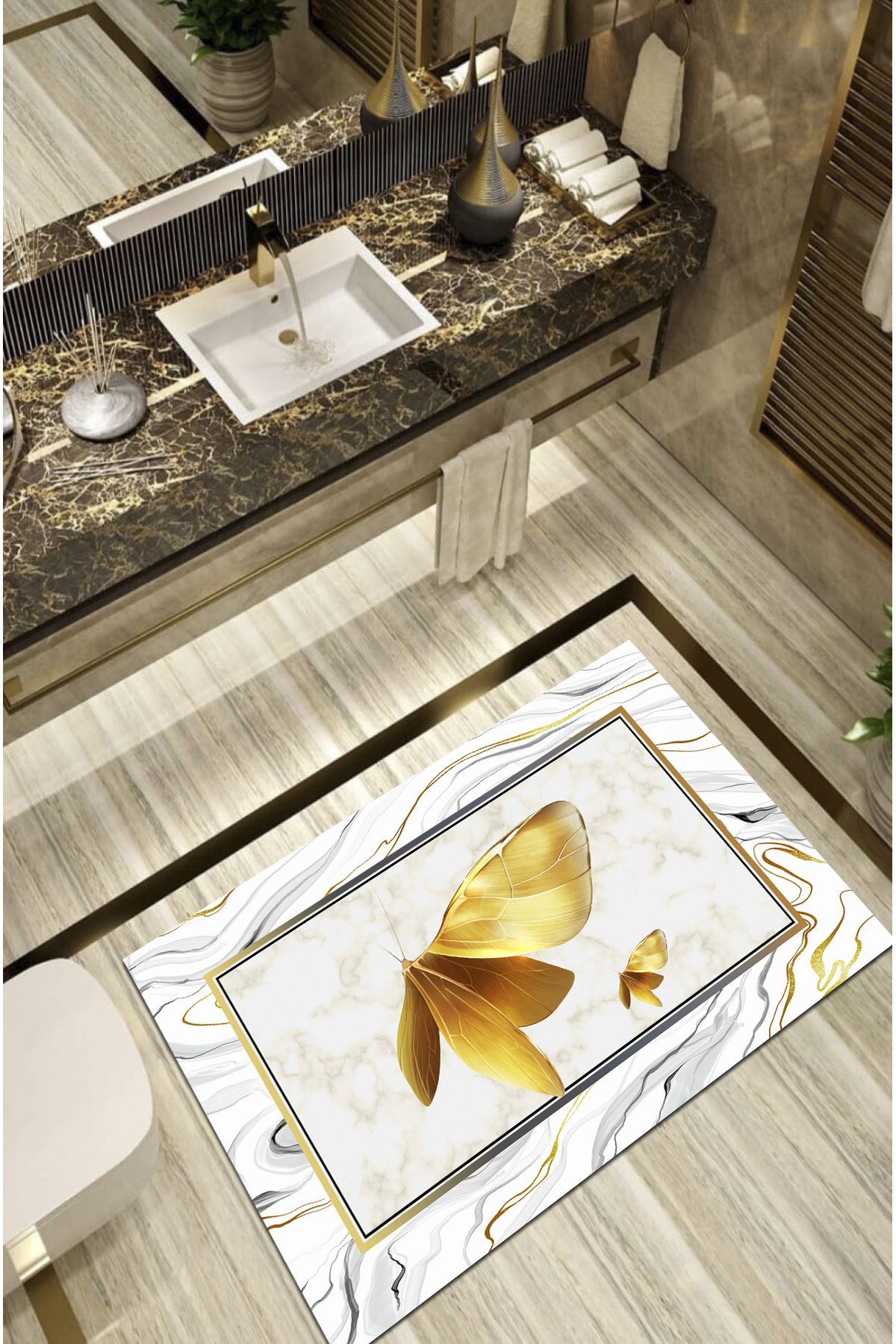 Ardizayn Golden Butterfly 70x120cm Kaymaz, Dökülmez, Pamuk Dokuma Taban Banyo Halısı