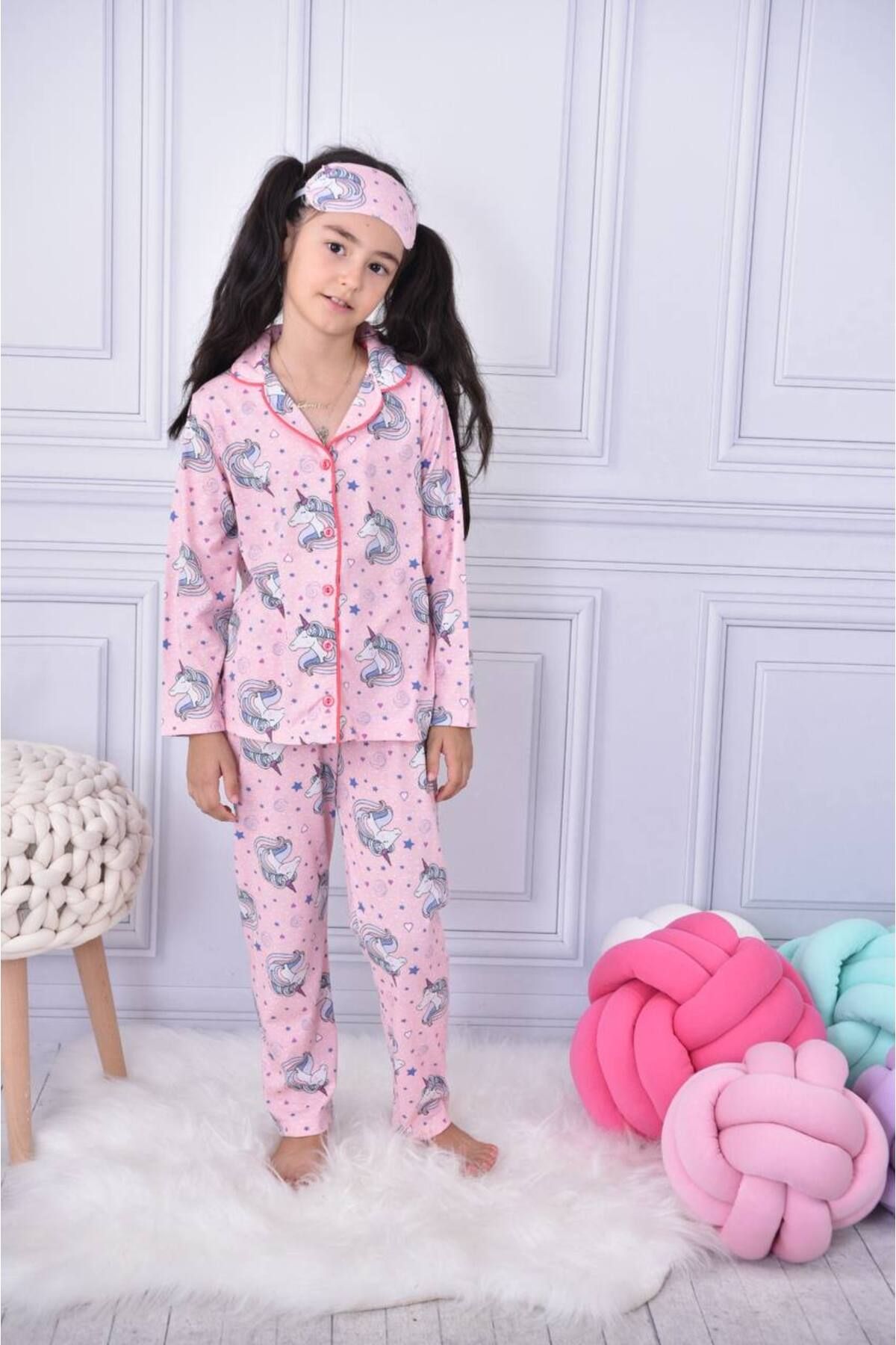 Lolliboomkids Kız Çocuk Toz Pembe Efsane Unicorn Desen Yeni Sezon Pijama Takımı Göz Bandı Hediyeli