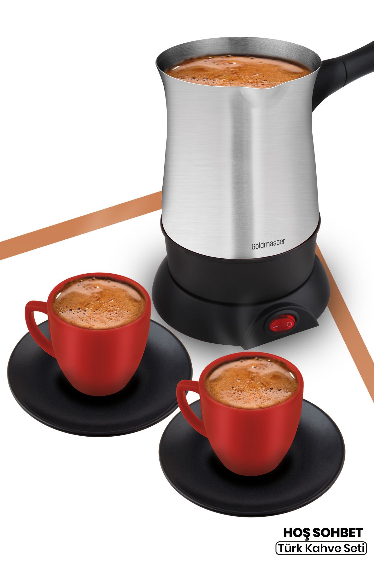 GoldMaster Hoş Sohbet Paslanmaz Çelik Porselen 2’li Kahve Fincanı Hediyeli Elektrikli Cezve Kahve Seti Inox