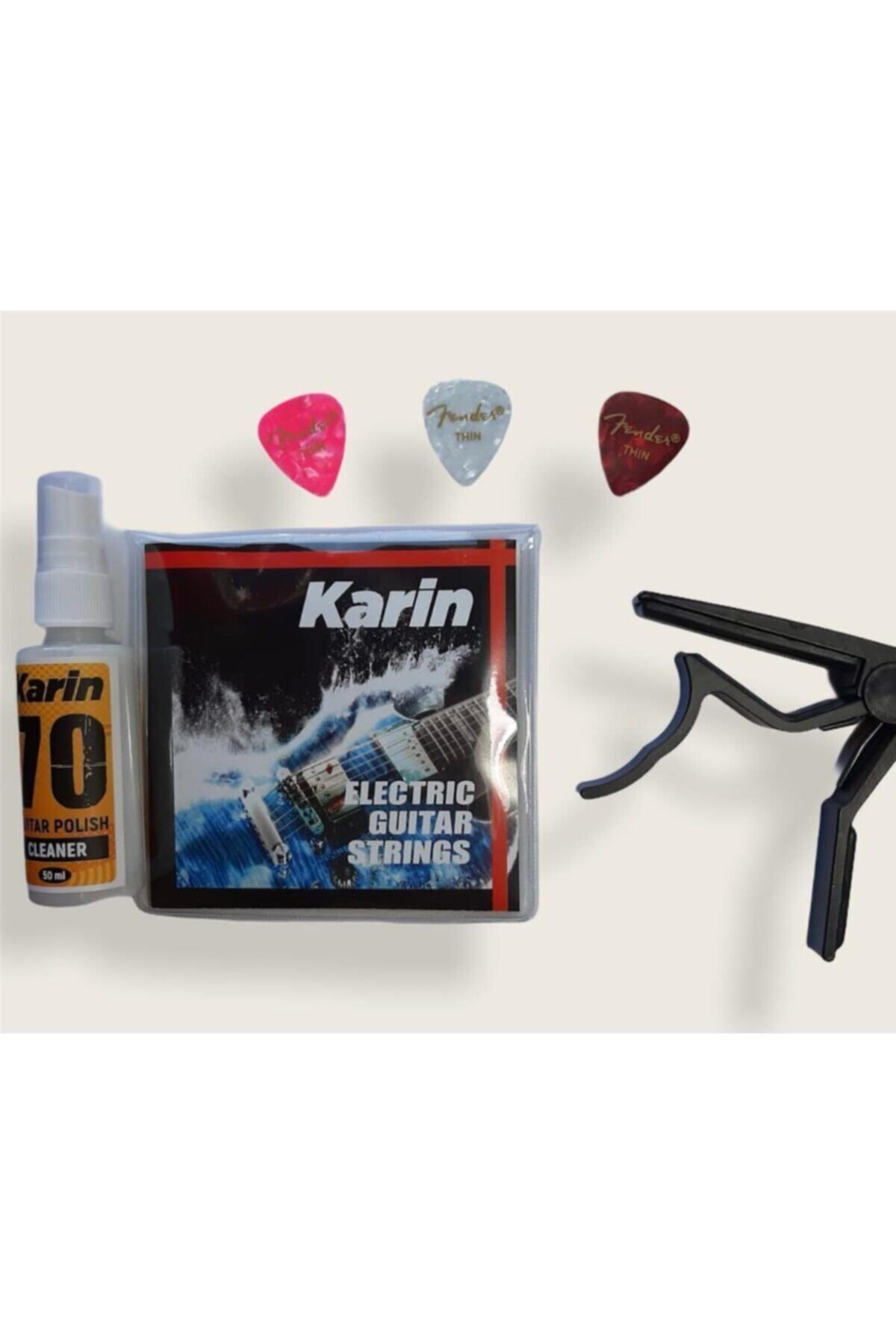 Karin Electric Guitar Strings (elektro Gitar Tel) + Gitar Keman Temizleyici + Nemesis Capo +3 Fender Pena