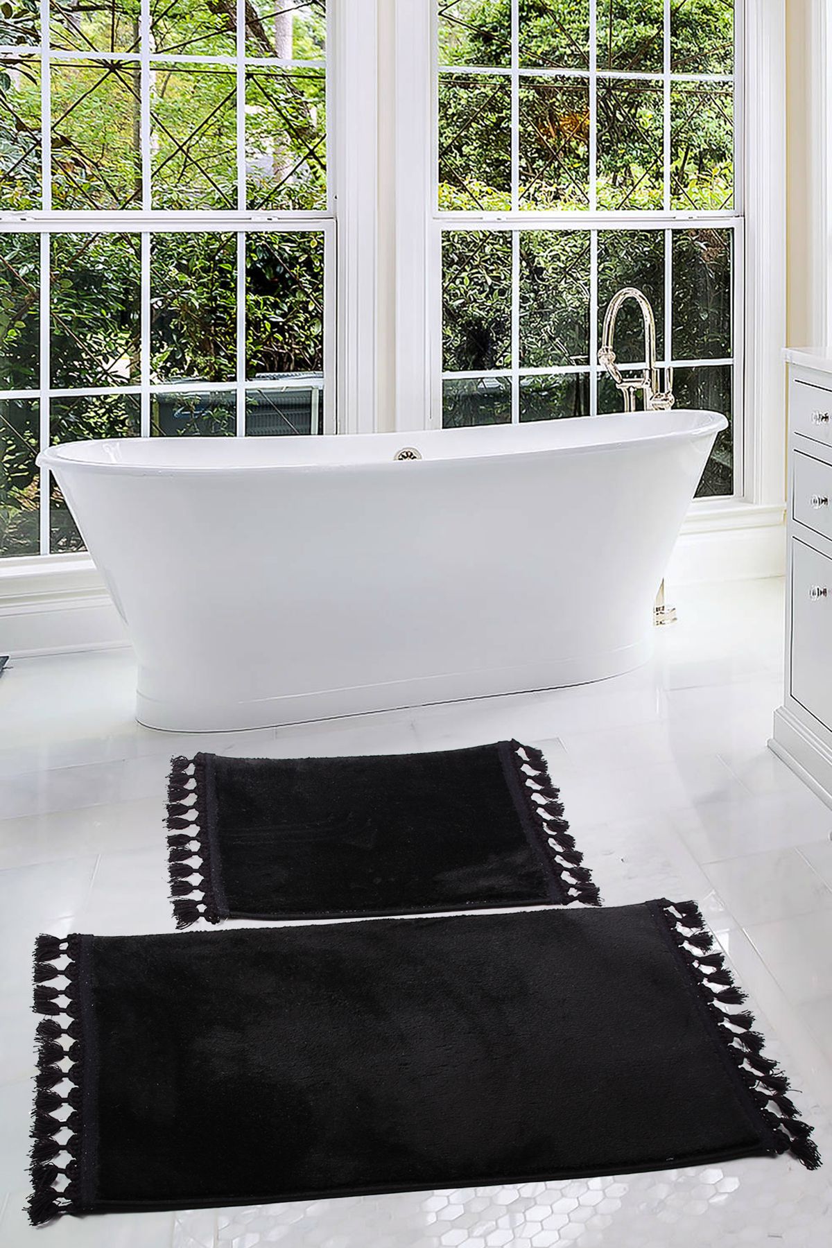 Bonny Home Relax Siyah 60x100 + 50x60 cm 2'li Köşeli Ponpon Saçaklı Banyo Halısı Paspası Seti Kaymaz Tabanlı