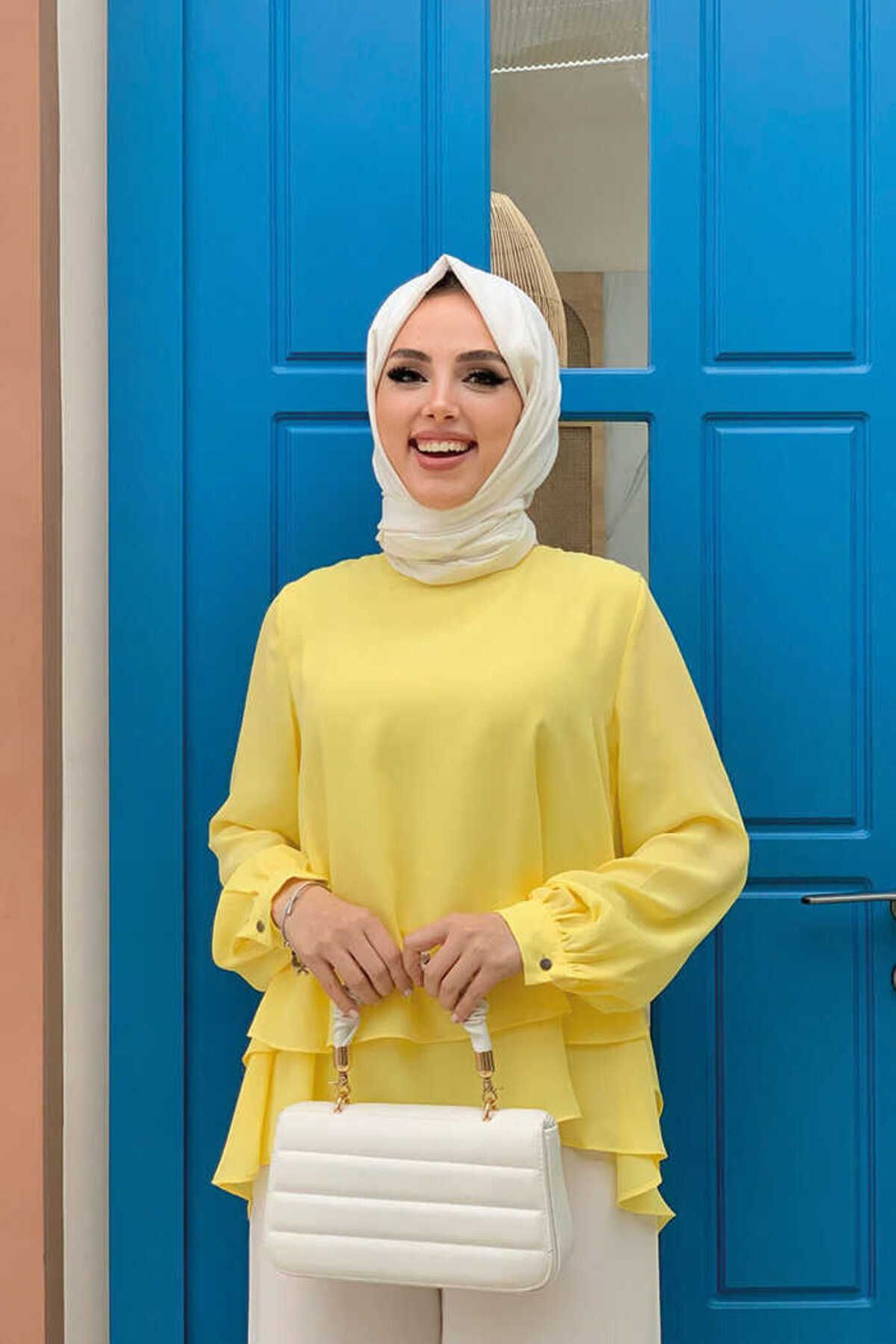 Bym Fashion Kat Kat Kol Manşetli Şifon Bluz 5148 Sarı
